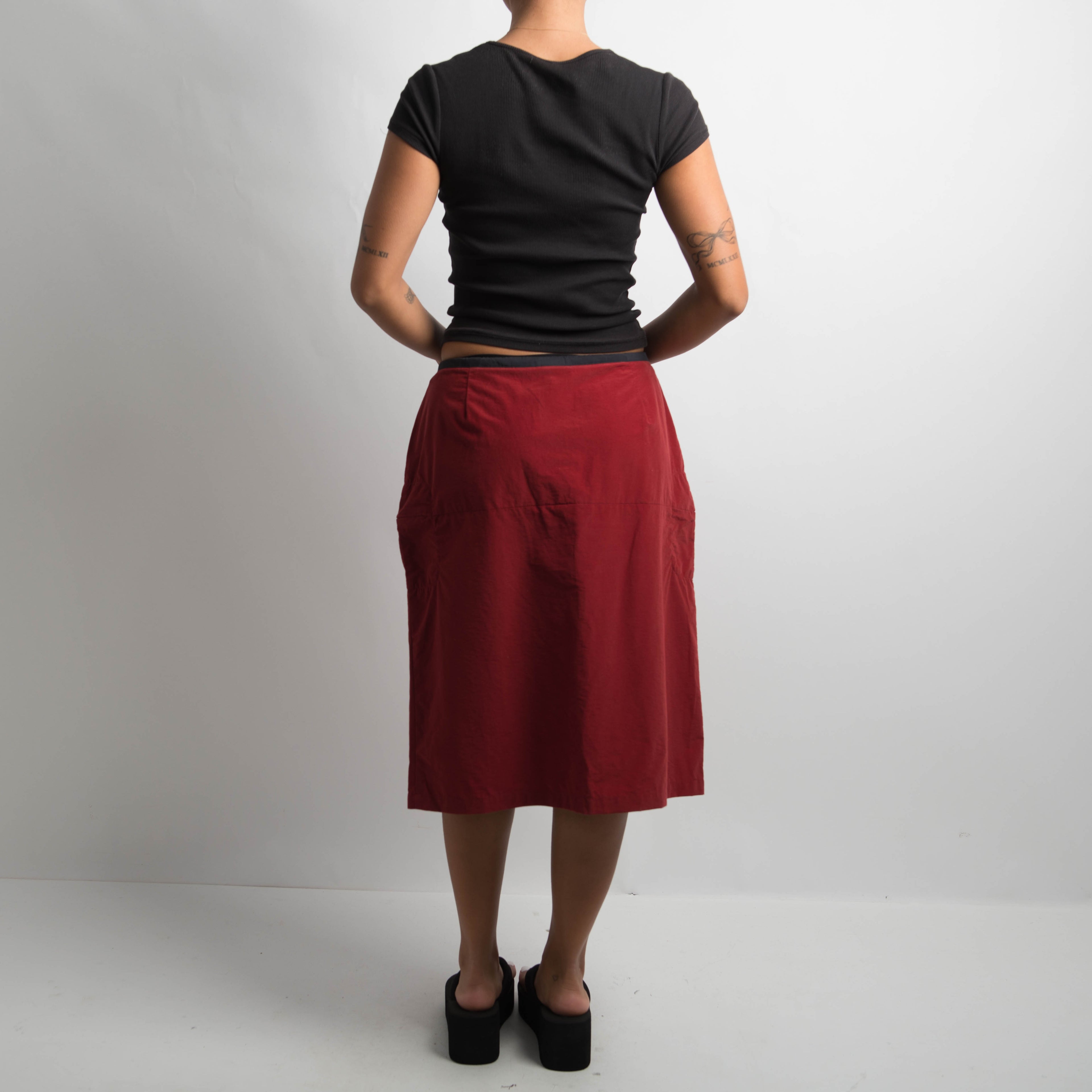 RED NYLON MIDI SKIRT