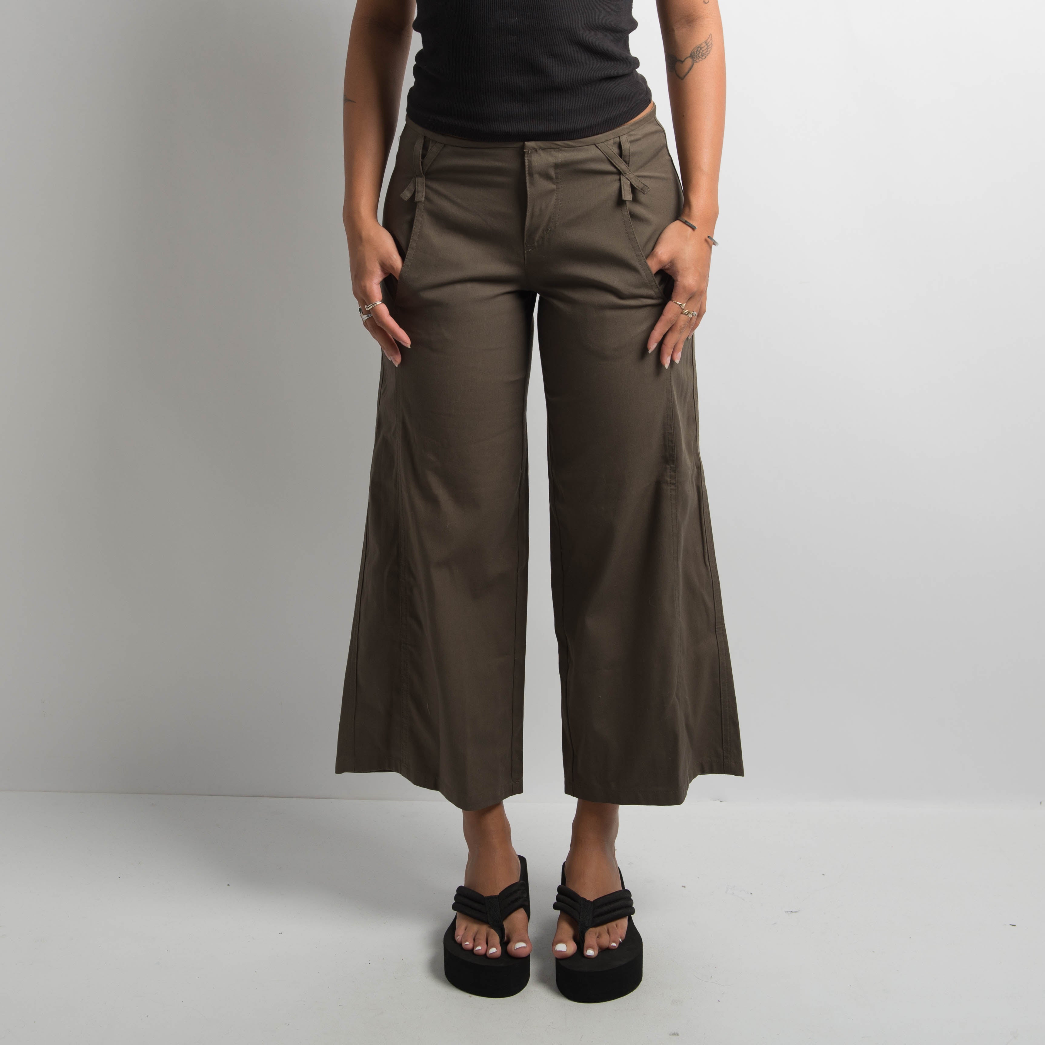 KHAKI CROP WIDE LEG PANTS