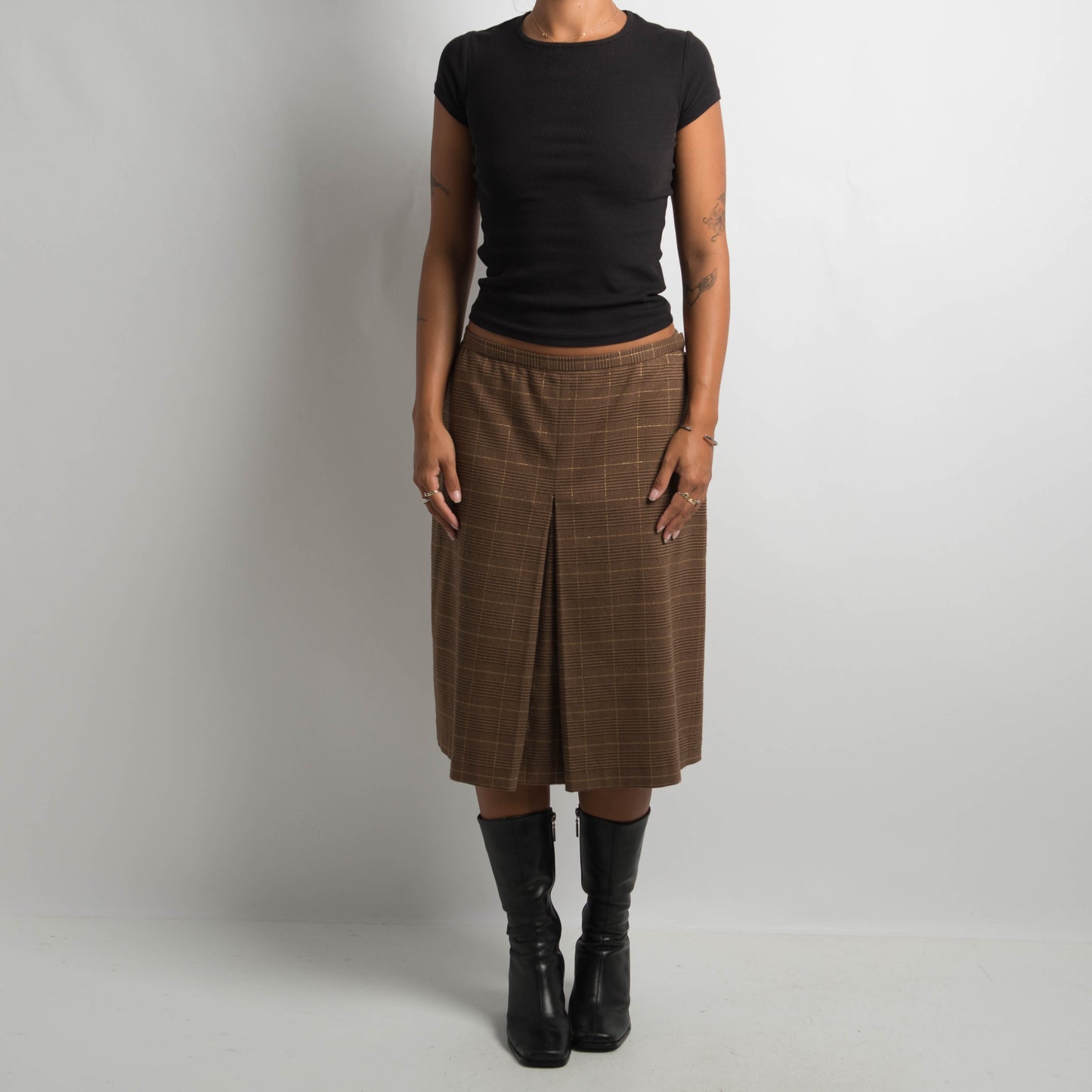 BROWN PLAID MIDI SKIRT