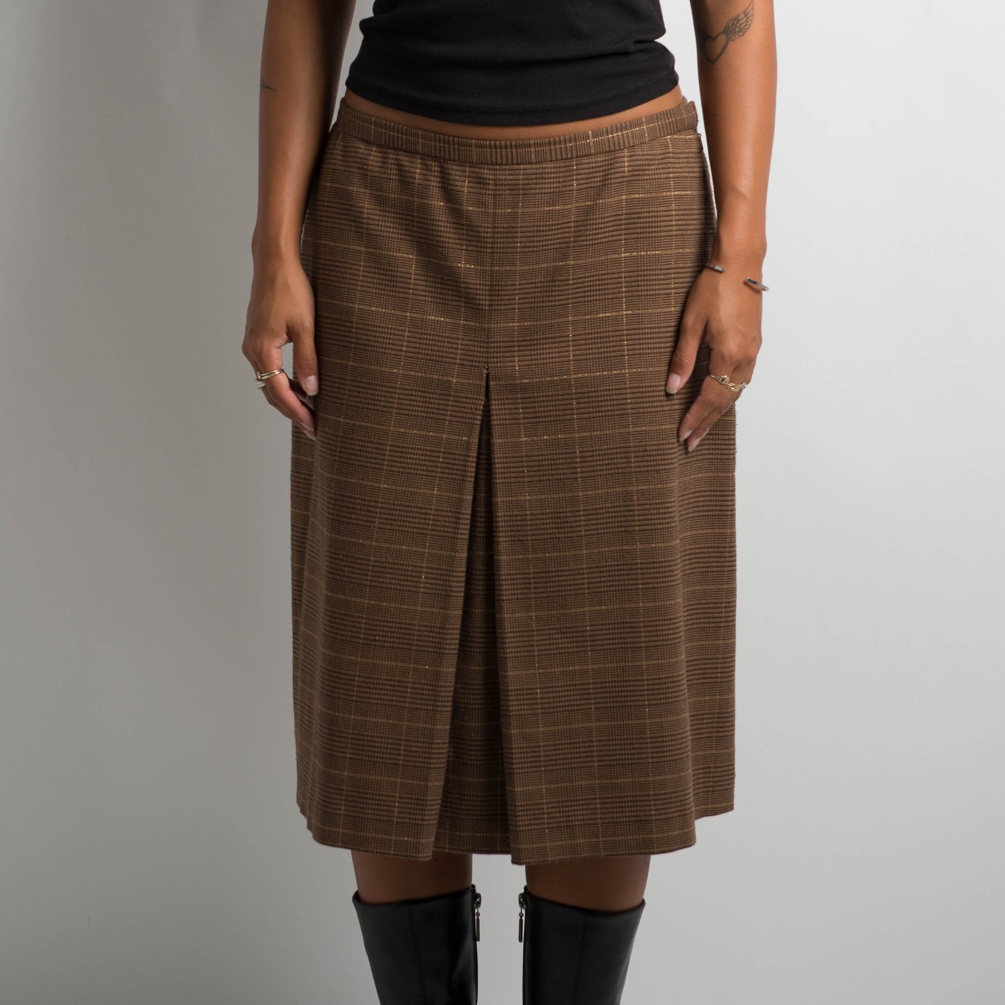 BROWN PLAID MIDI SKIRT