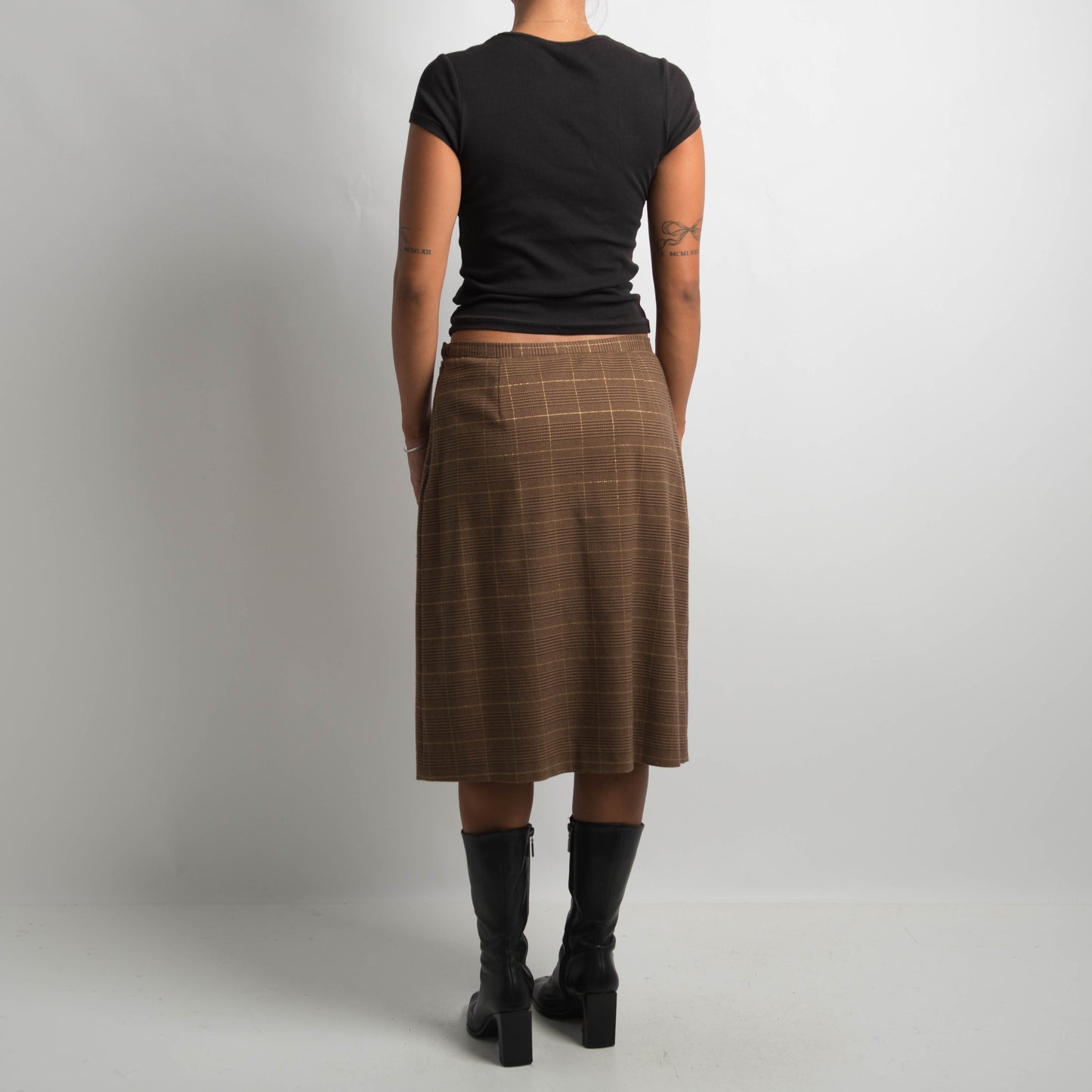 BROWN PLAID MIDI SKIRT