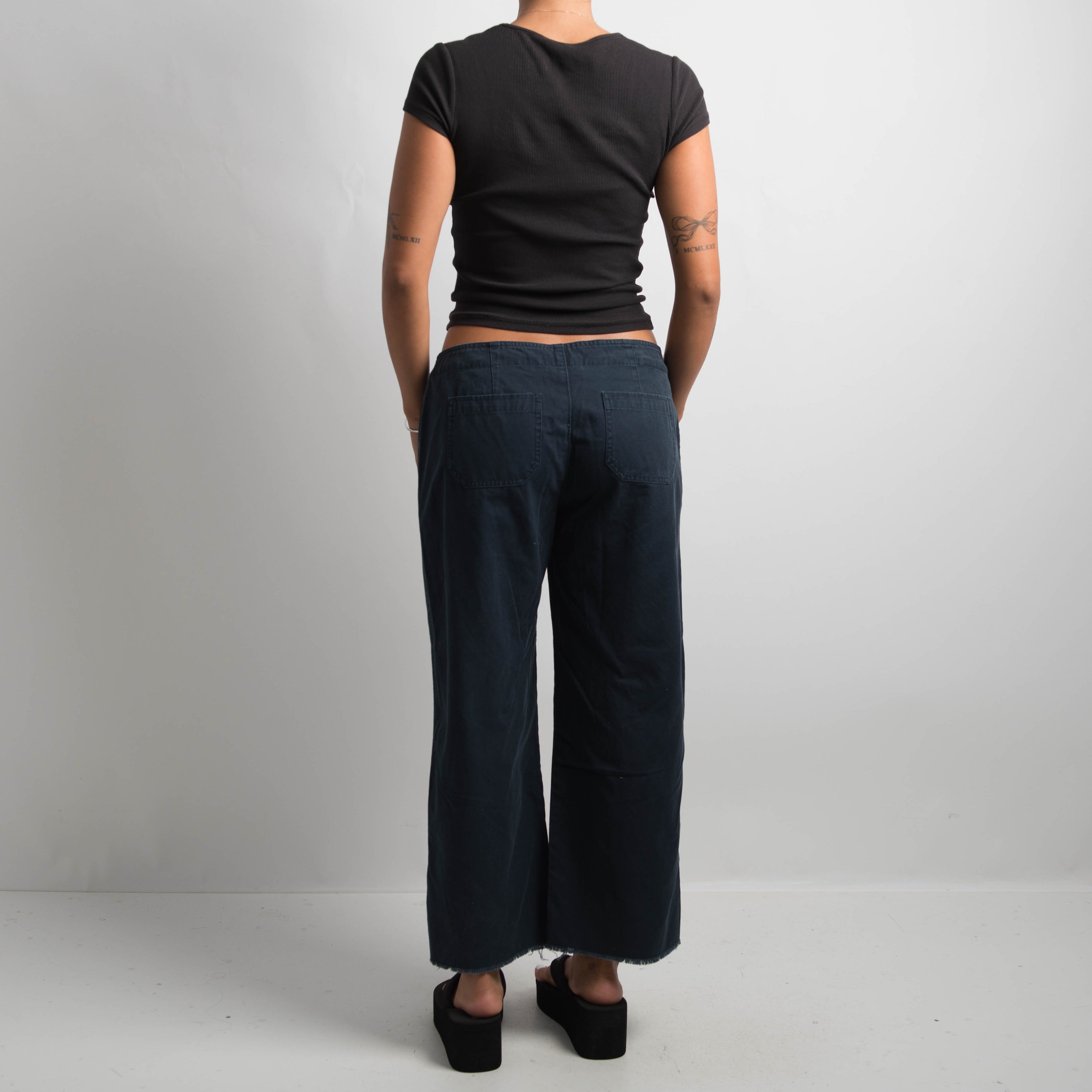 NAVY LACE UP COTTON PANTS