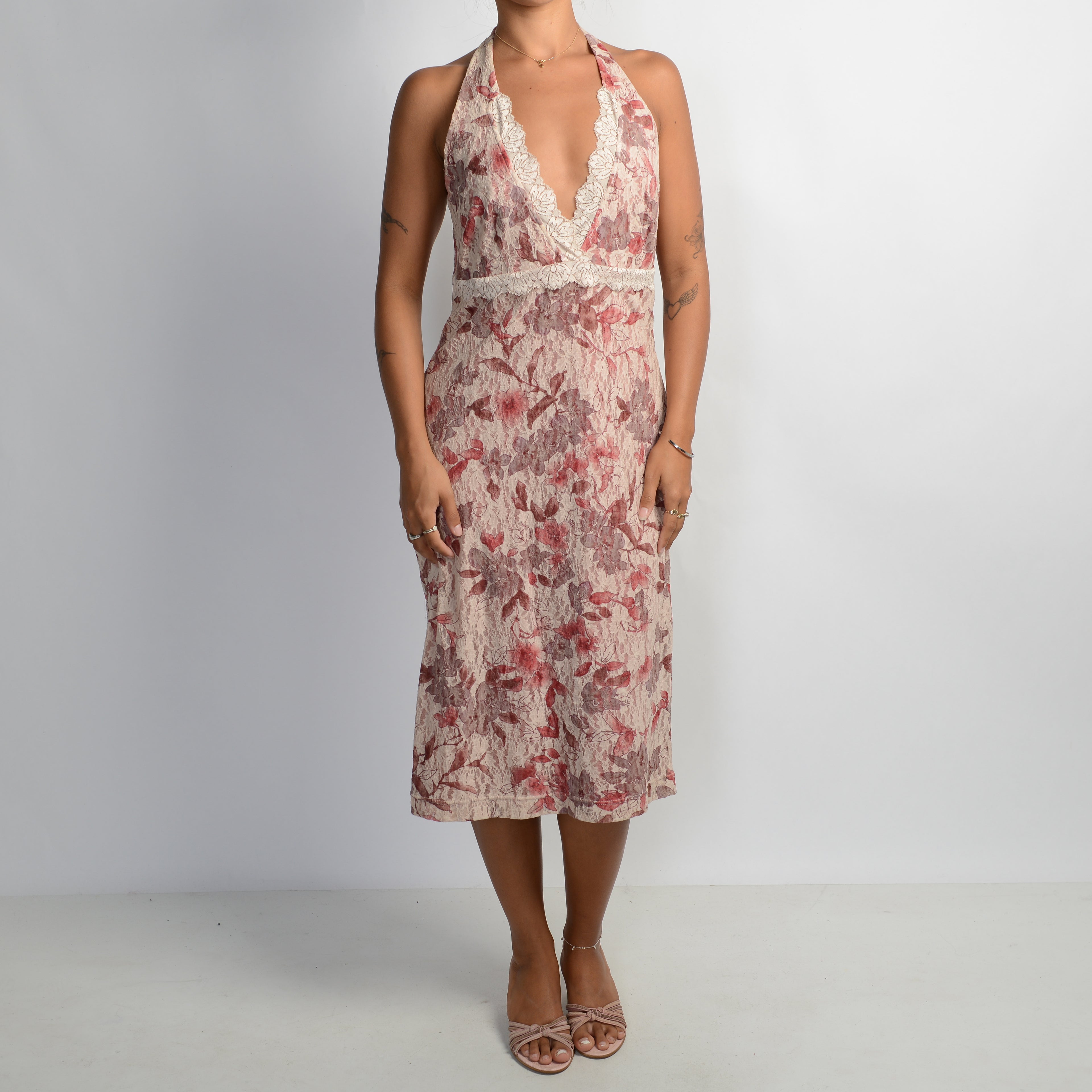 PINK FLORAL MESH MIDI DRESS