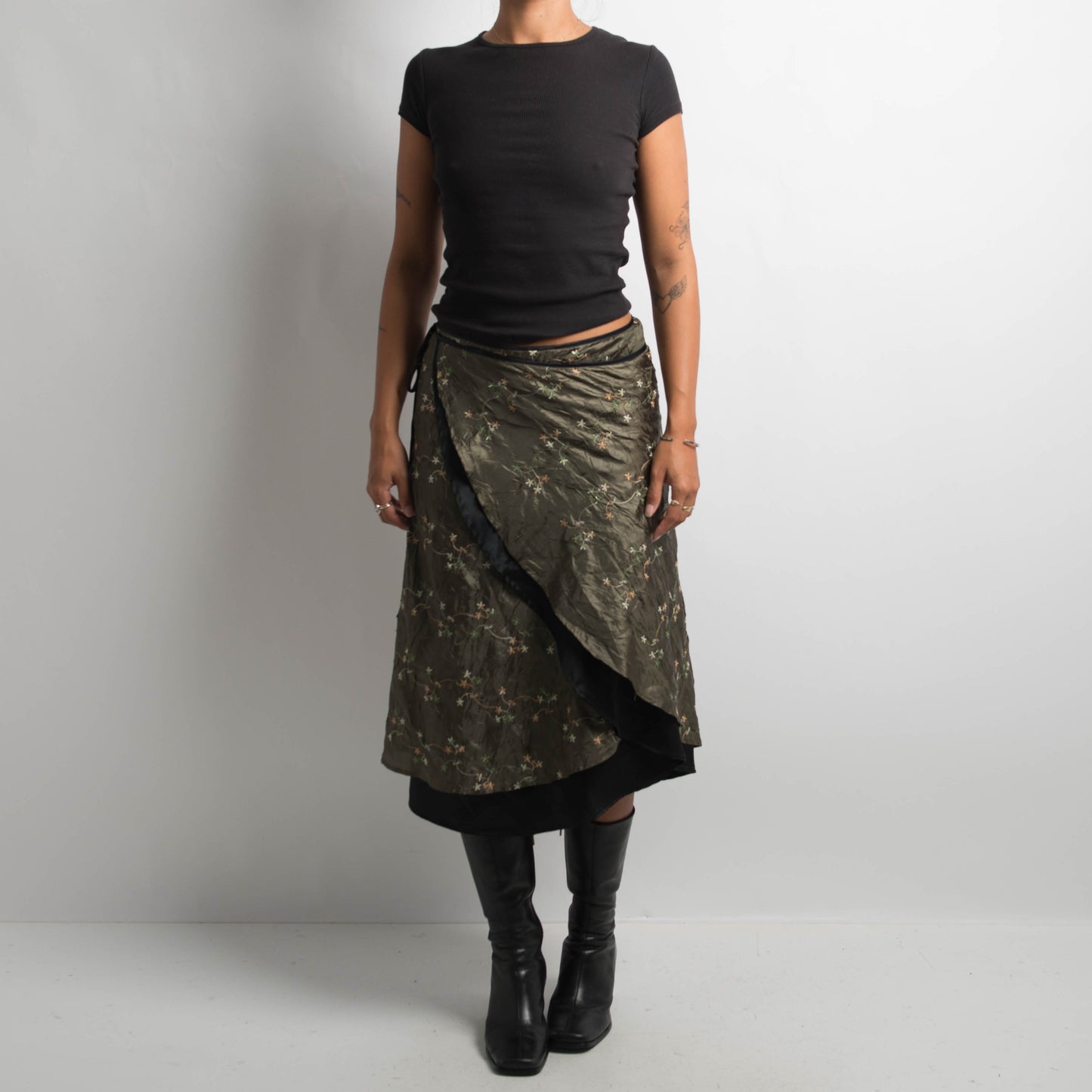 GREEN SATIN WRAP MIDI SKIRT