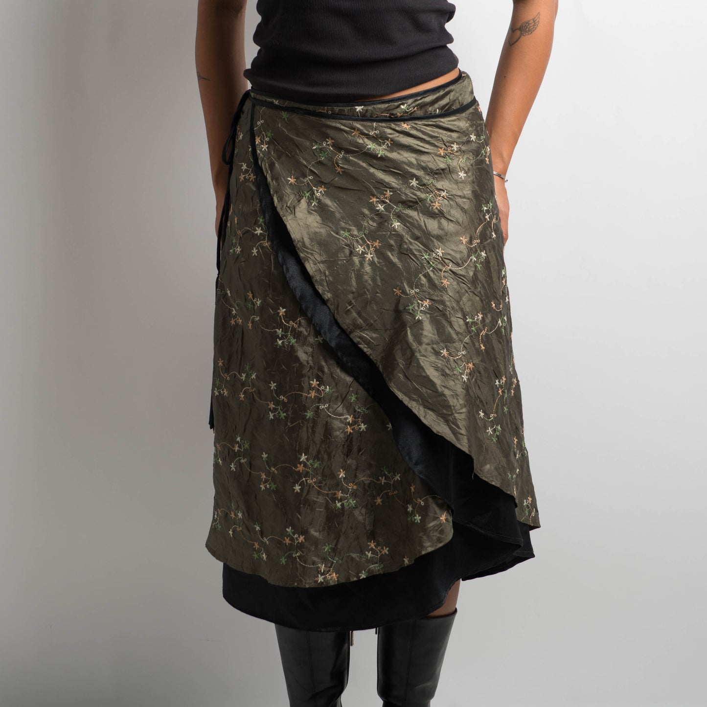 GREEN SATIN WRAP MIDI SKIRT