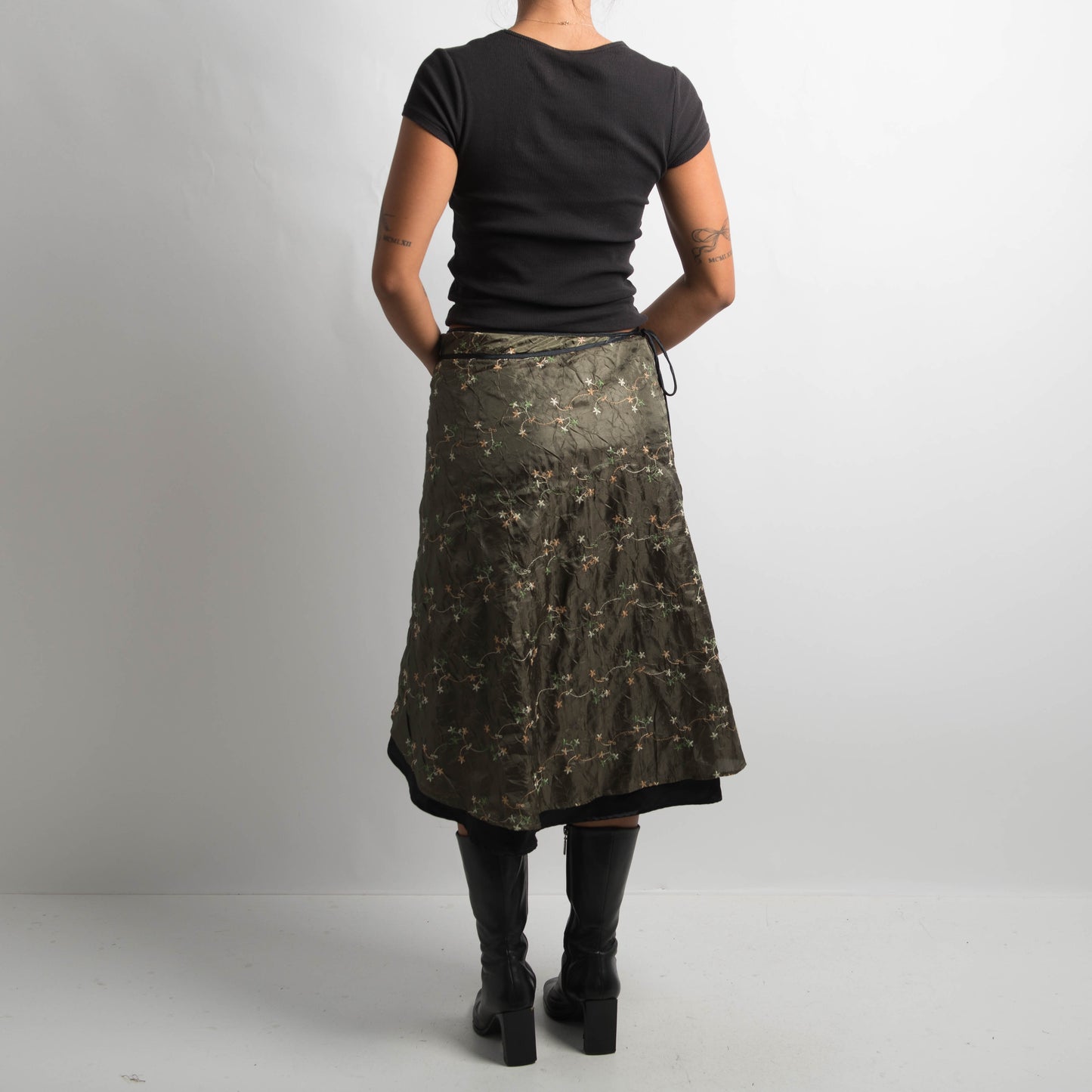 GREEN SATIN WRAP MIDI SKIRT