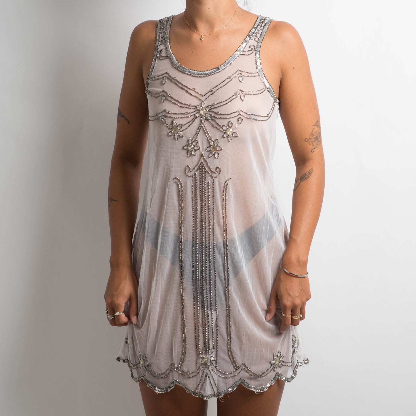 WHITE SHEER BEADED DRESS