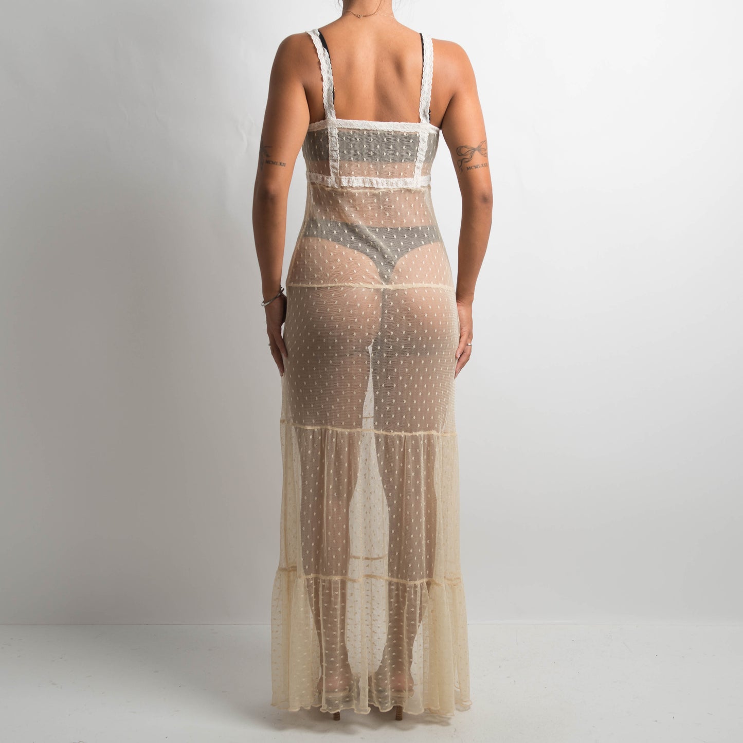 BEIGE SHEER MESH MAXI DRESS