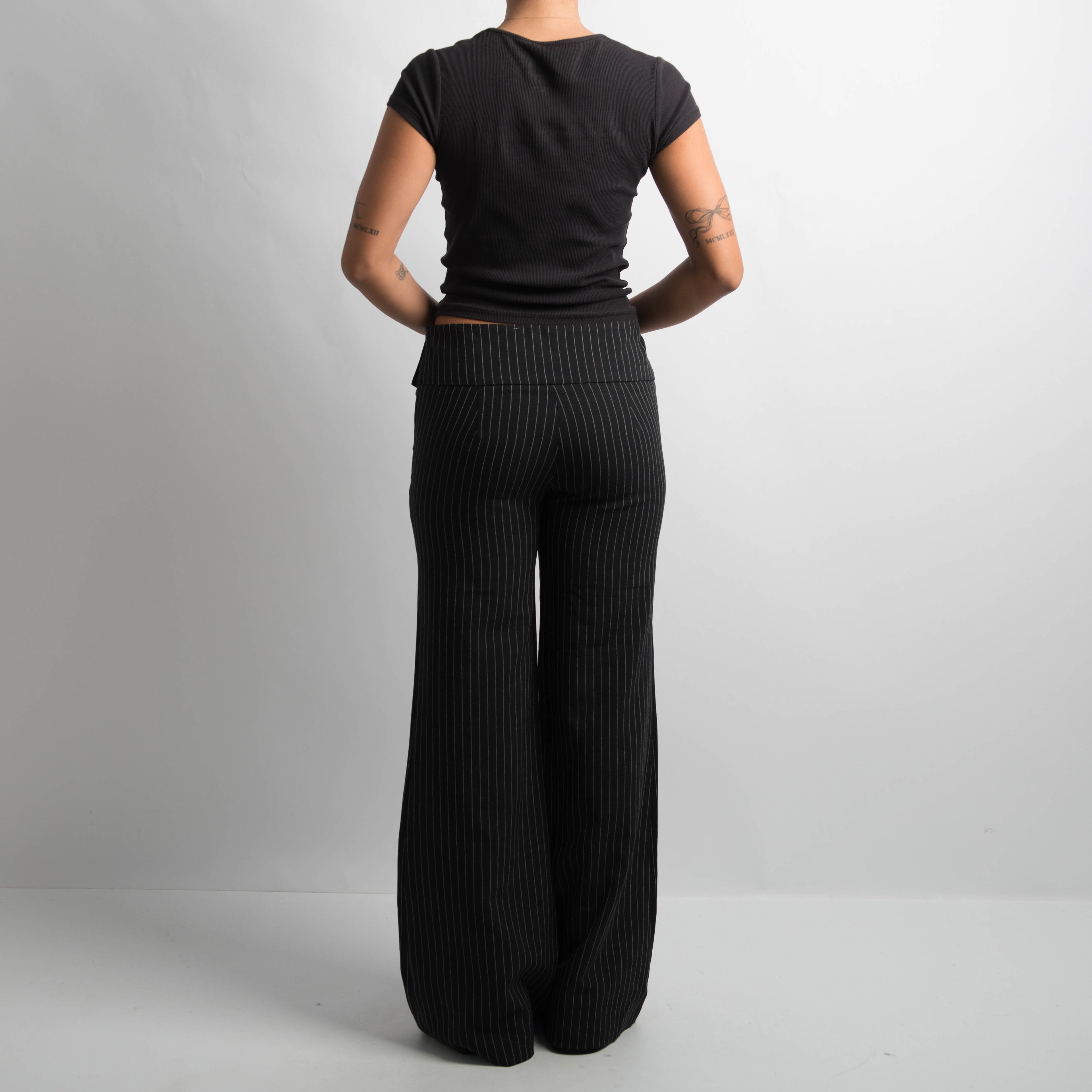 BLACK PINSTRIPE FLARE PANTS