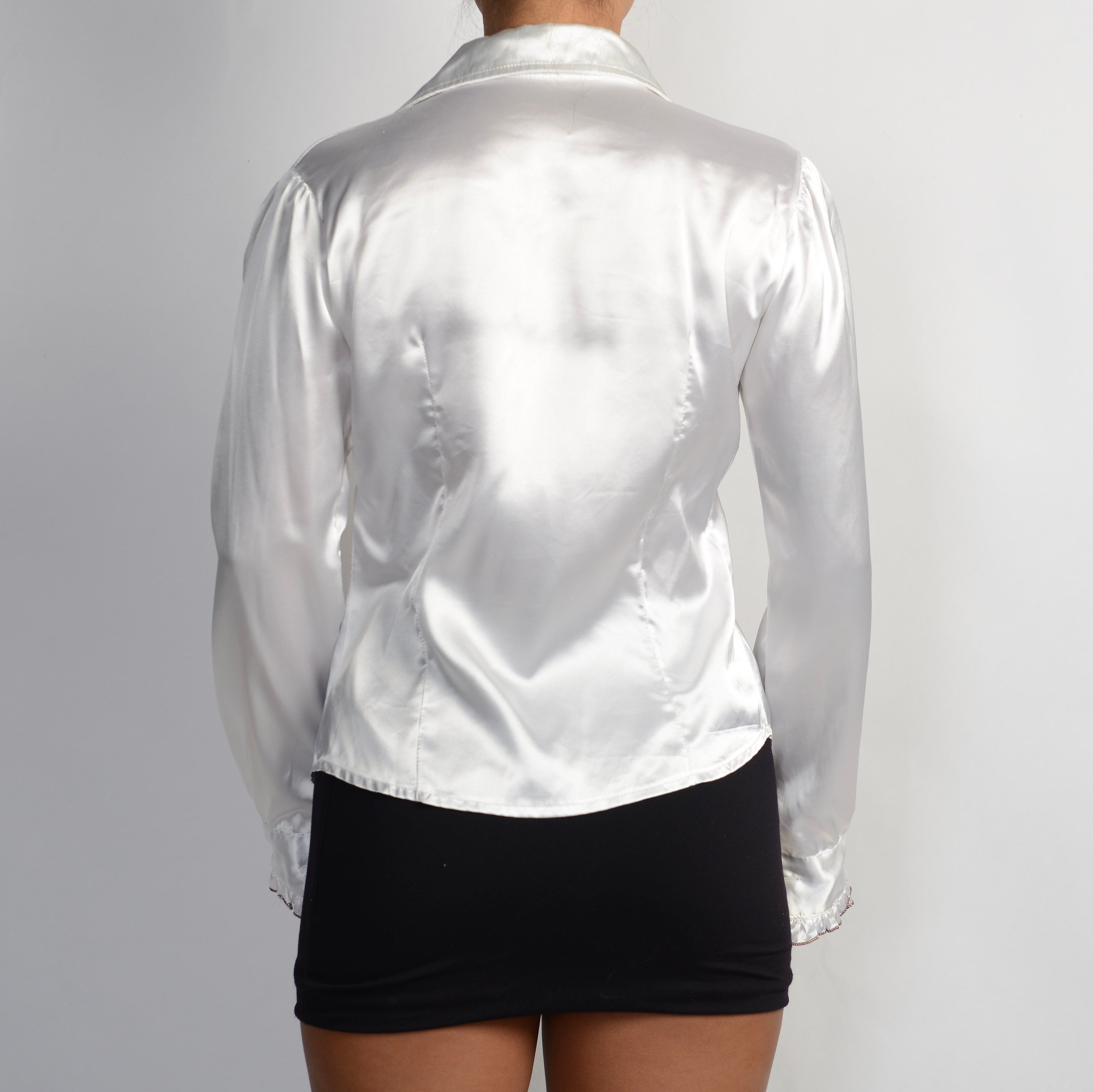 WHITE SATIN RUFFLE BLOUSE