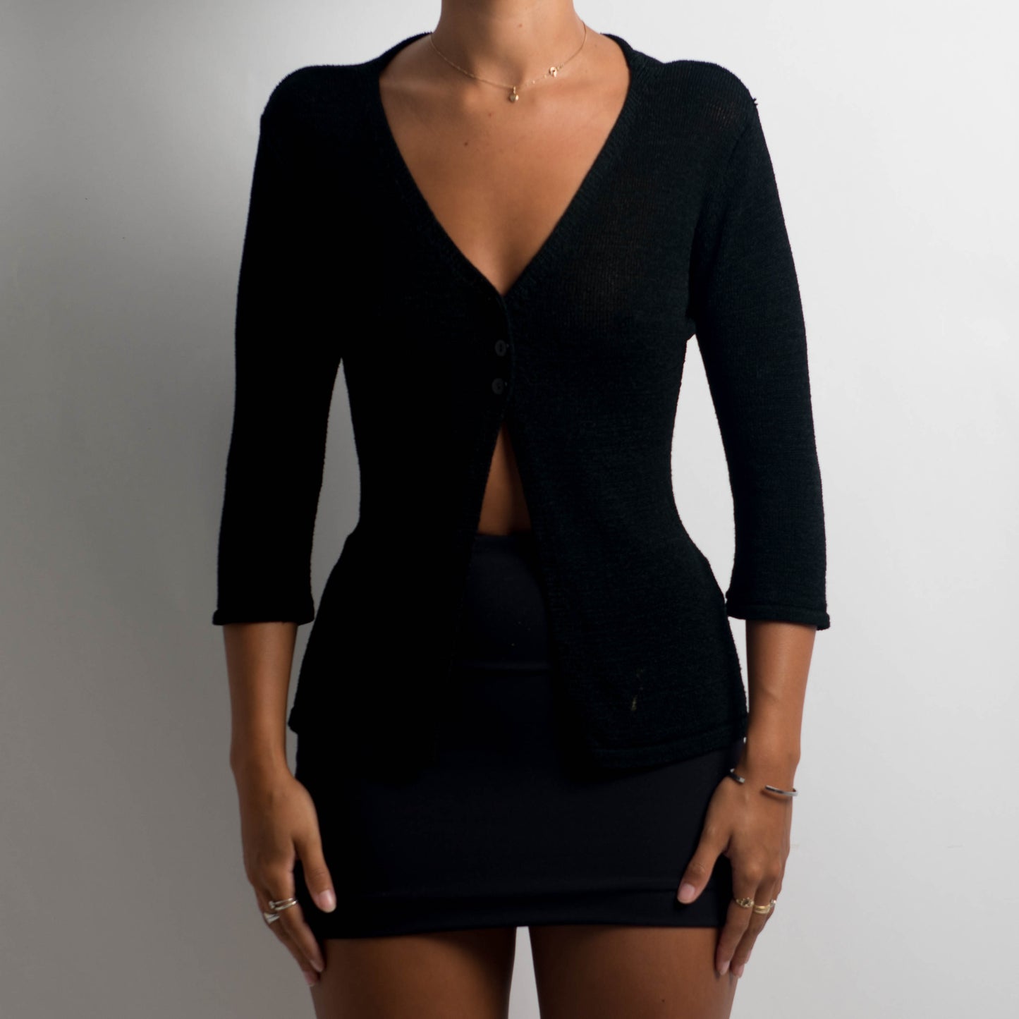 BLACK KNIT 3/4 CARDIGAN