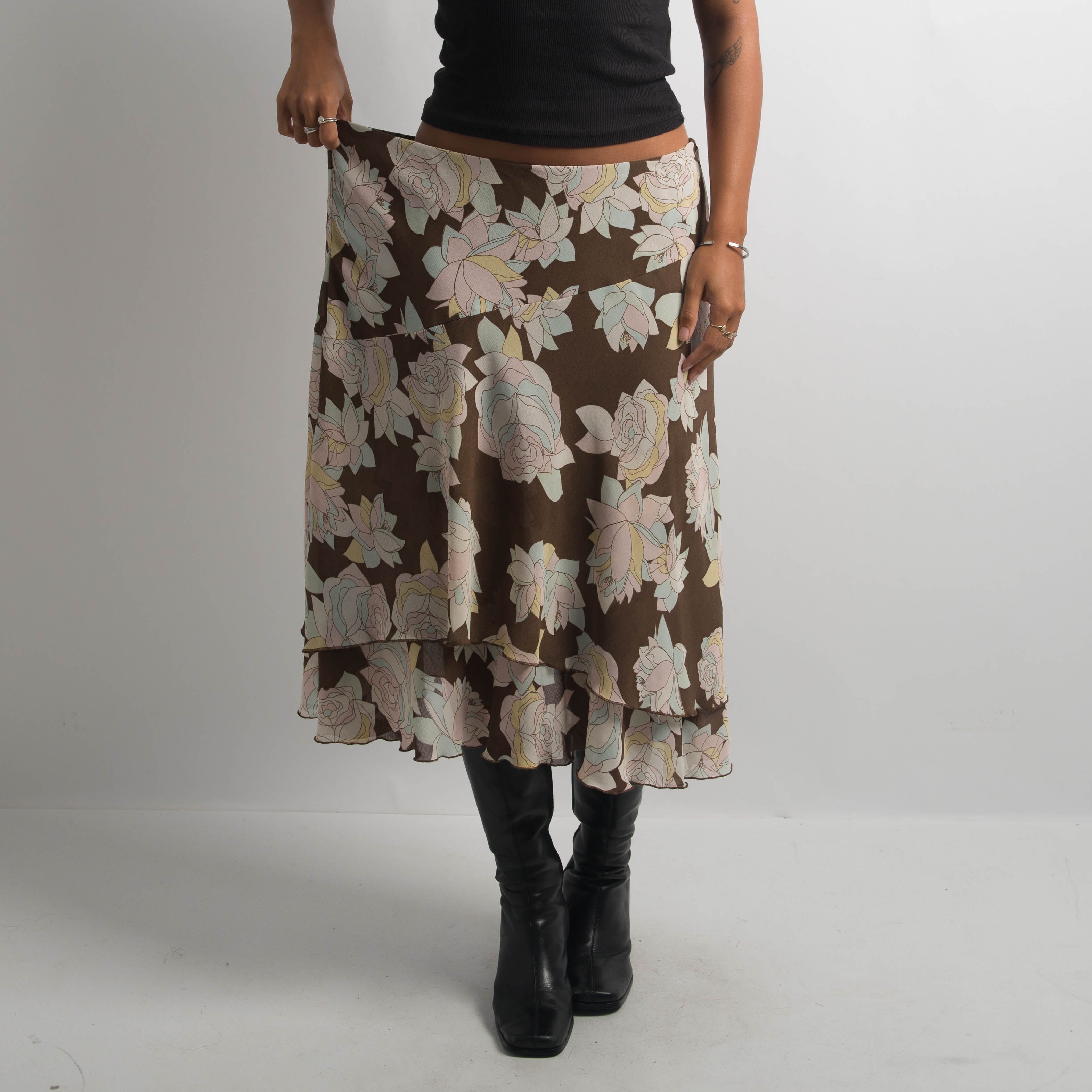 LAYERED FLORAL MIDI SKIRT