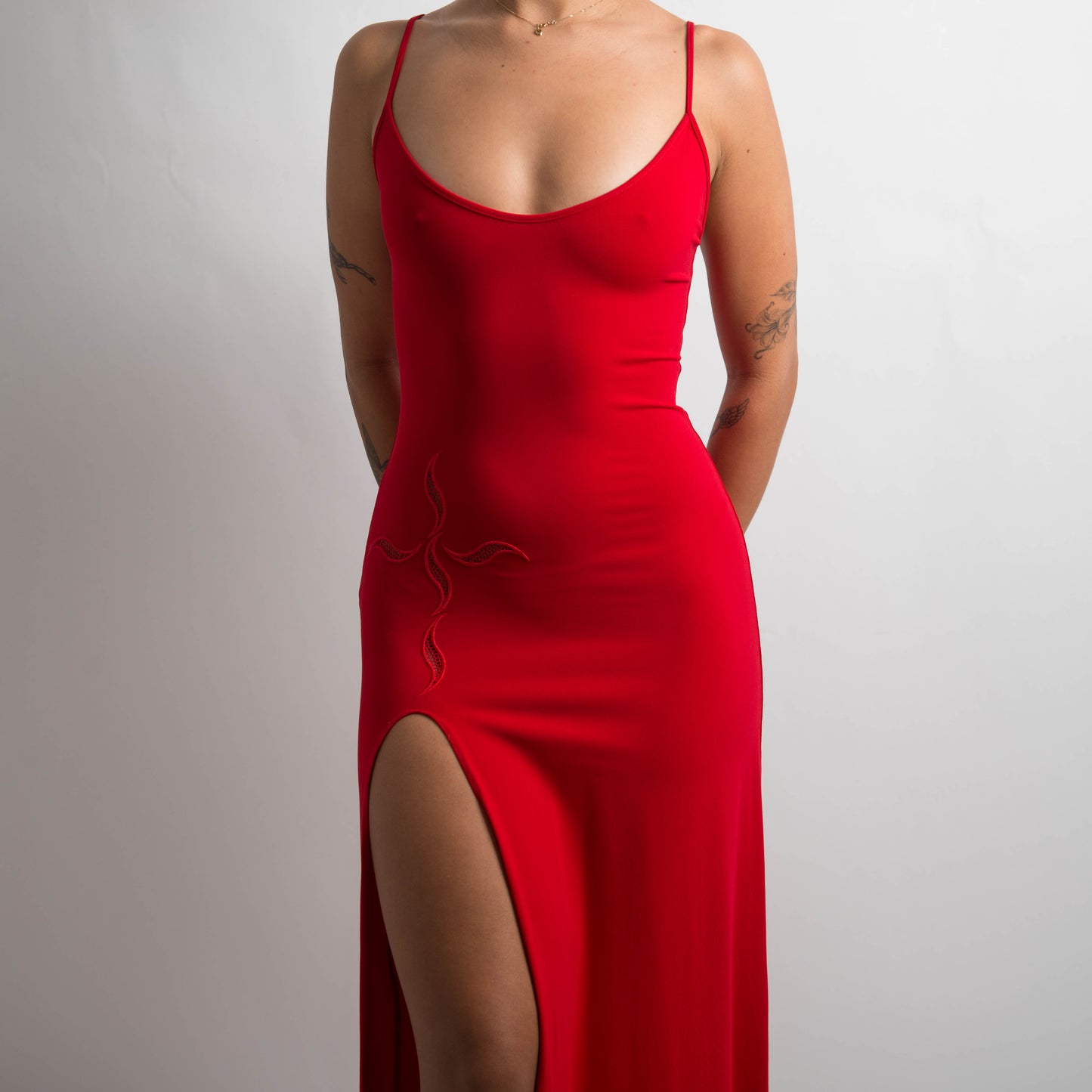 RED HIGH CUT SLINKY GOWN