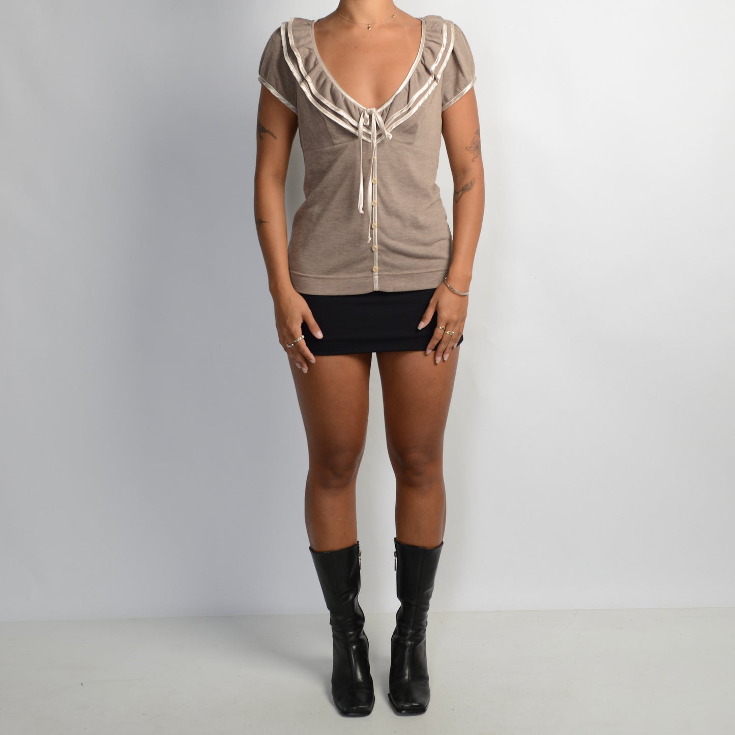 TAUPE RUFFLE BLOUSE