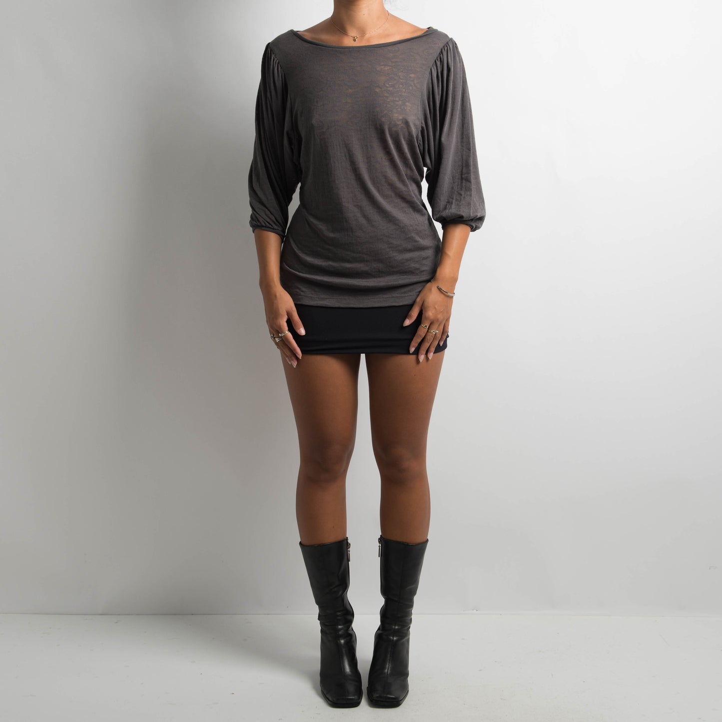 SHEER GREY PUFF SLEEVE TOP