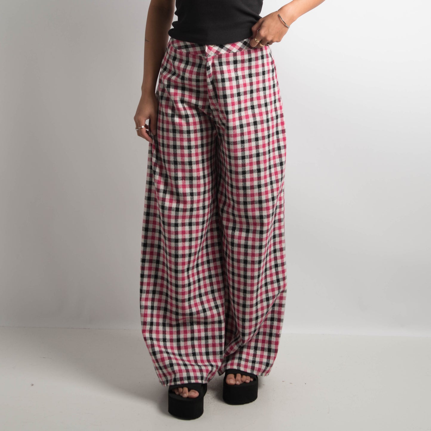 PINK PLAID WIDE LEG PANTS