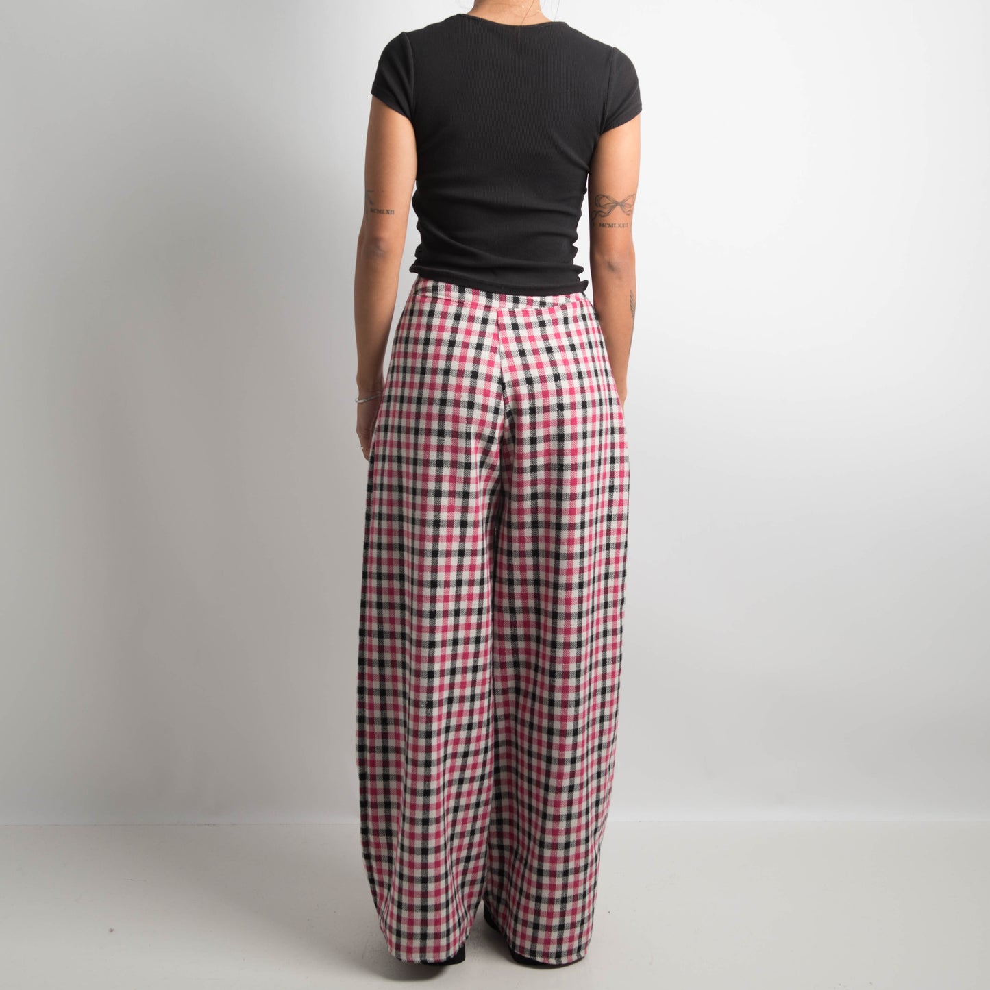 PINK PLAID WIDE LEG PANTS