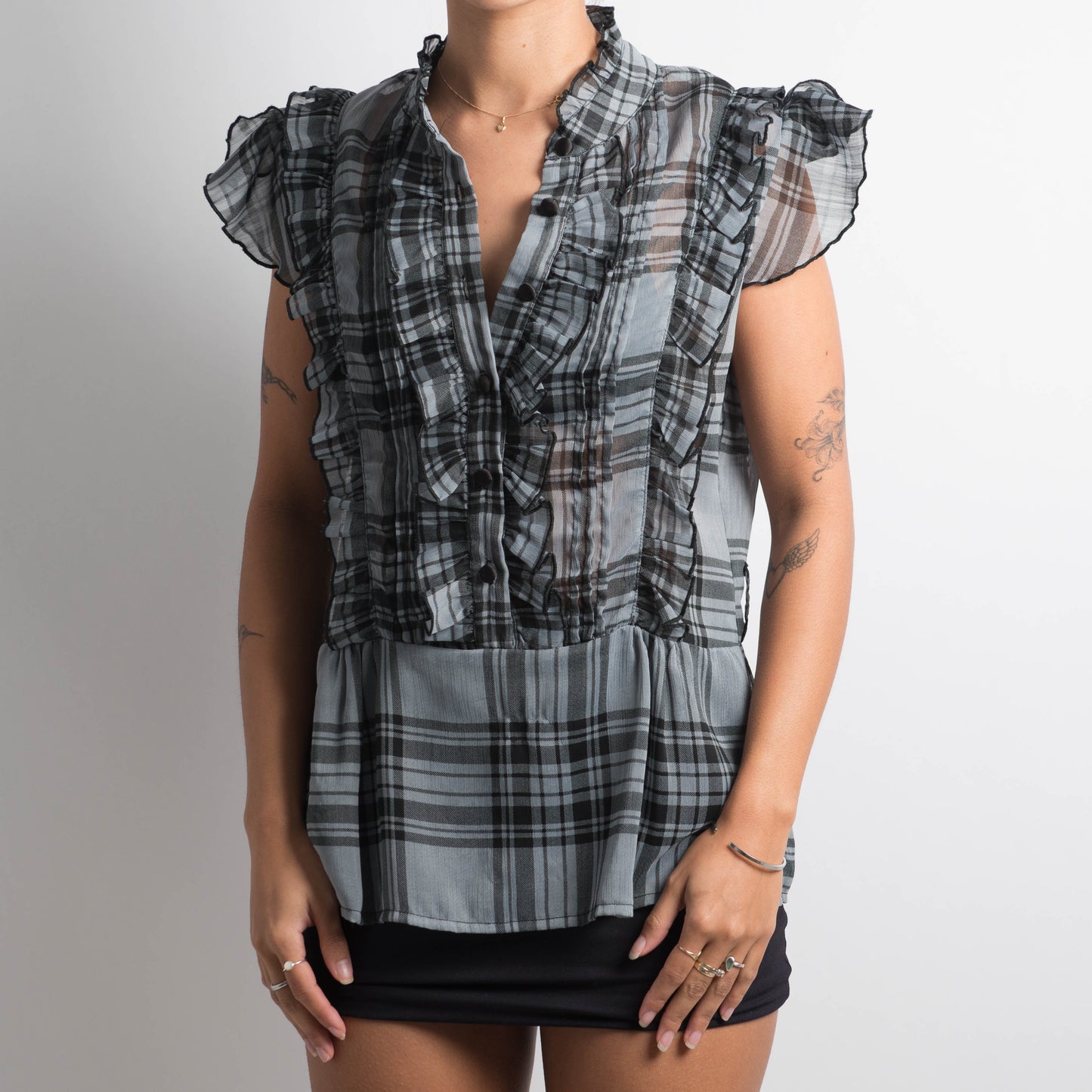 SEMI SHEER PLAID BLOUSE