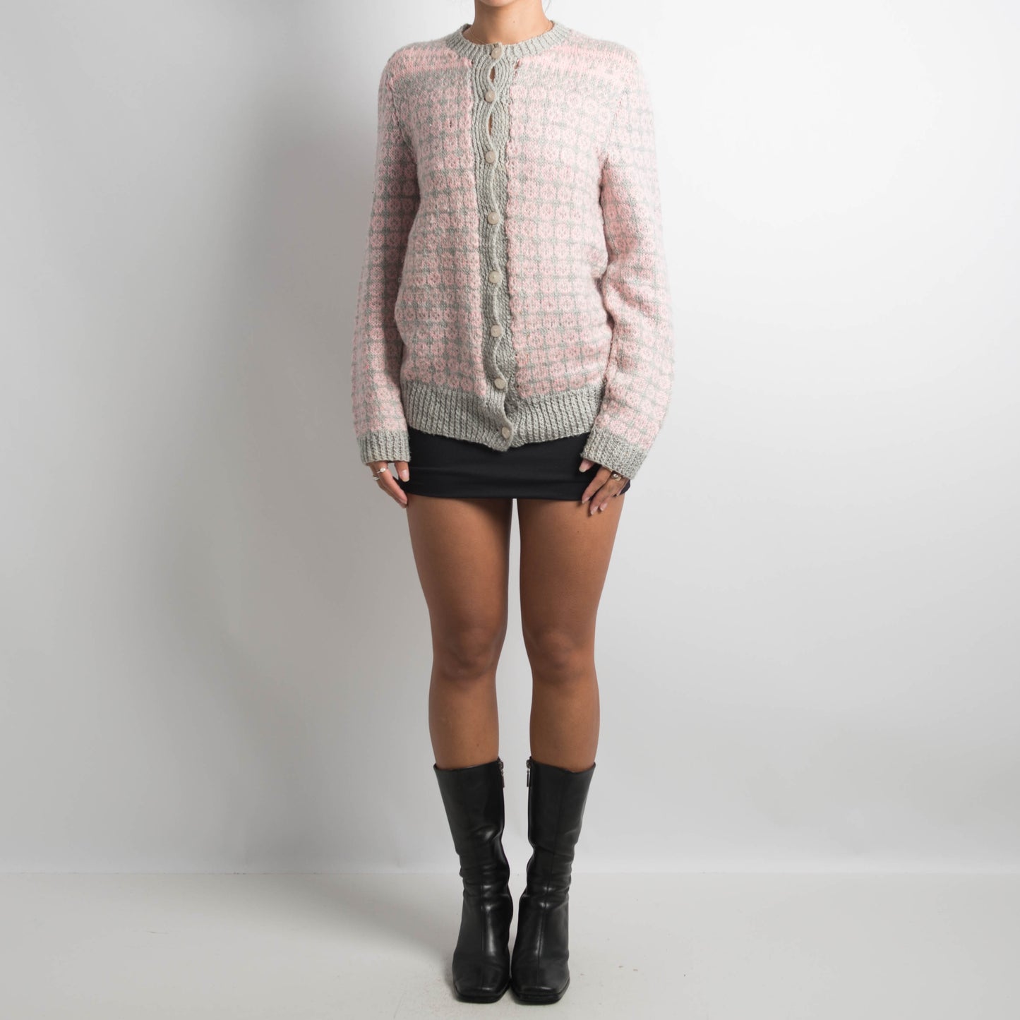 PINK/GREY PATTERNED CARDIGAN