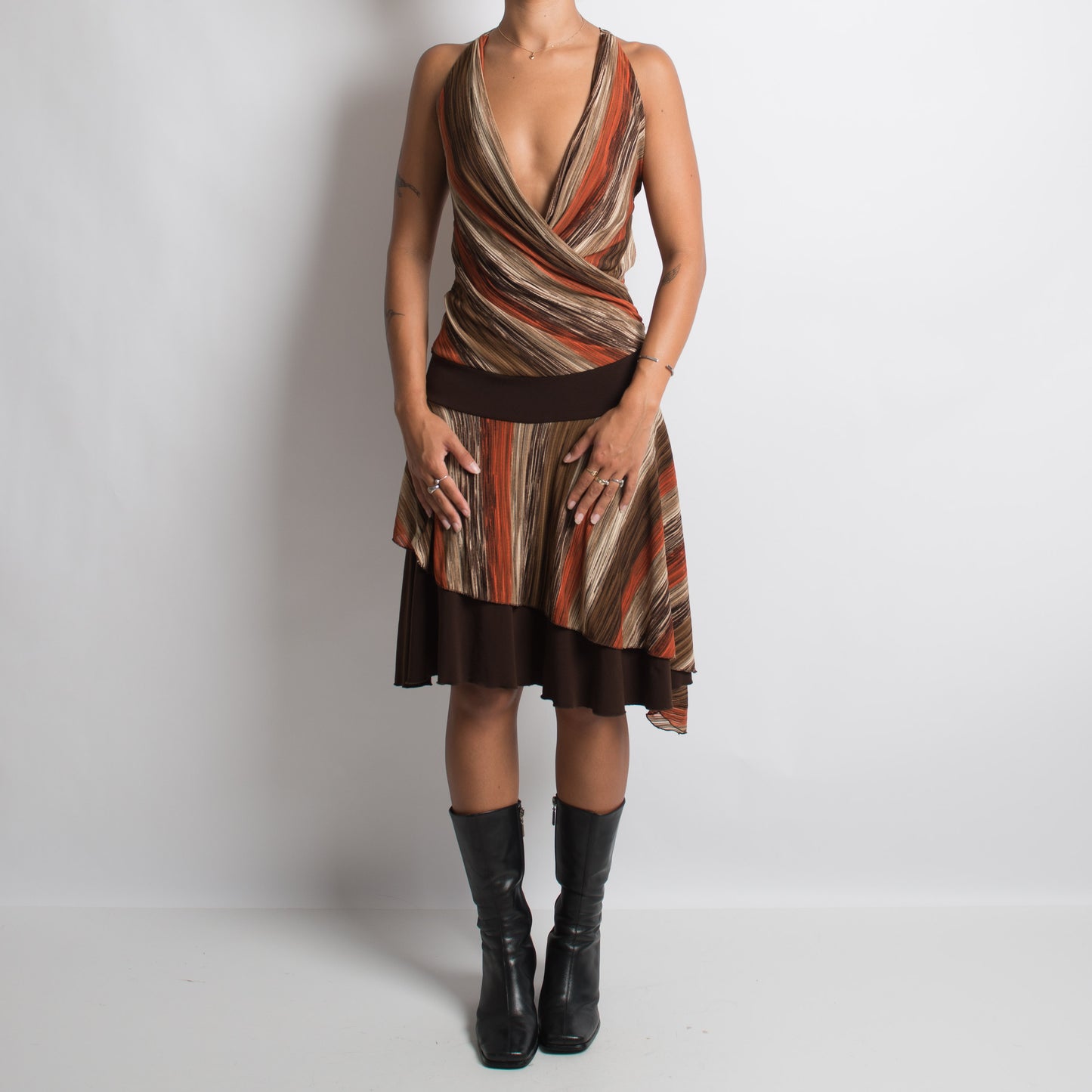 BROWN PATTERNED MIDI DRESS