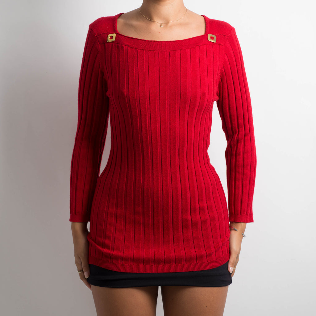 RED RIBBED LONG SLEEVE TOP