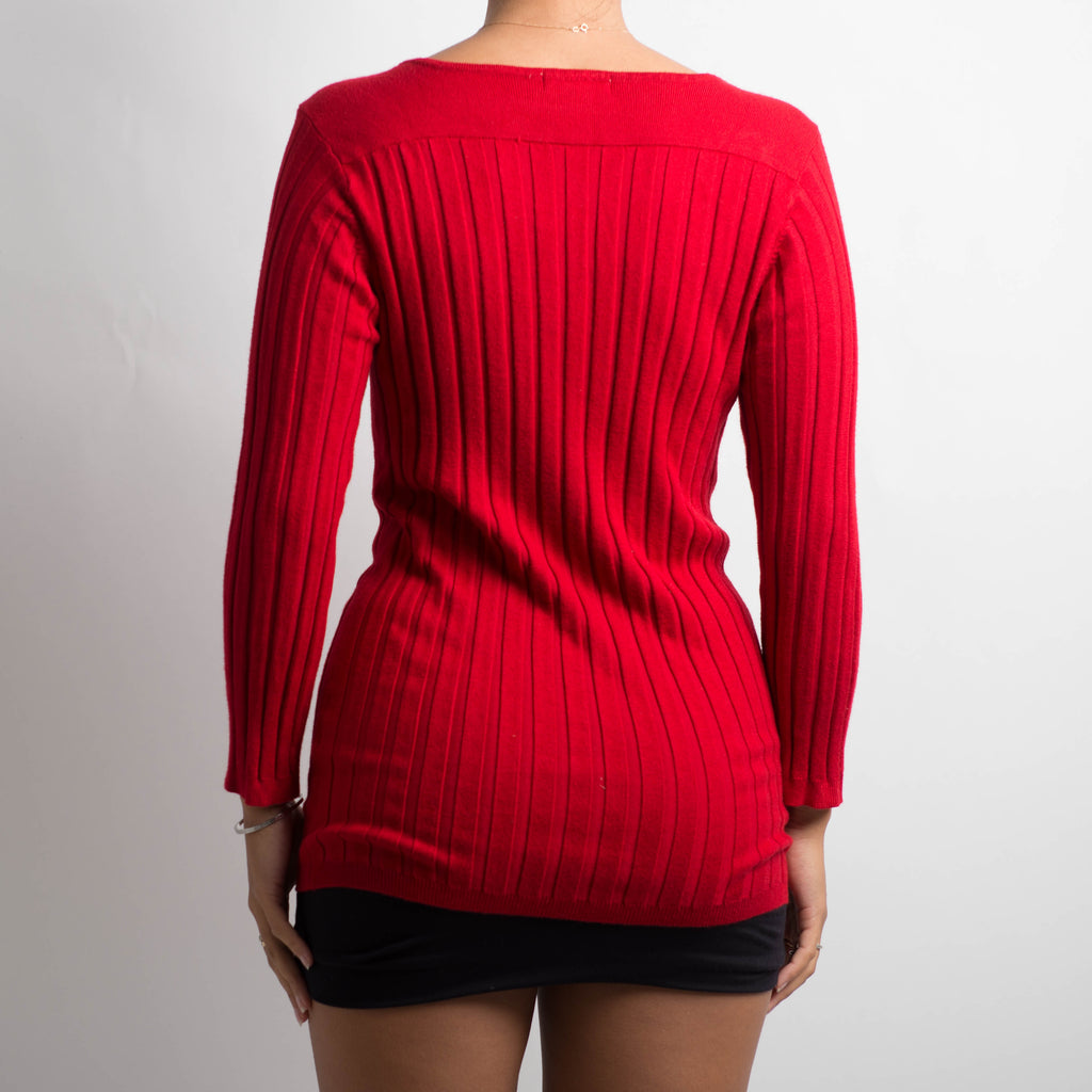 RED RIBBED LONG SLEEVE TOP