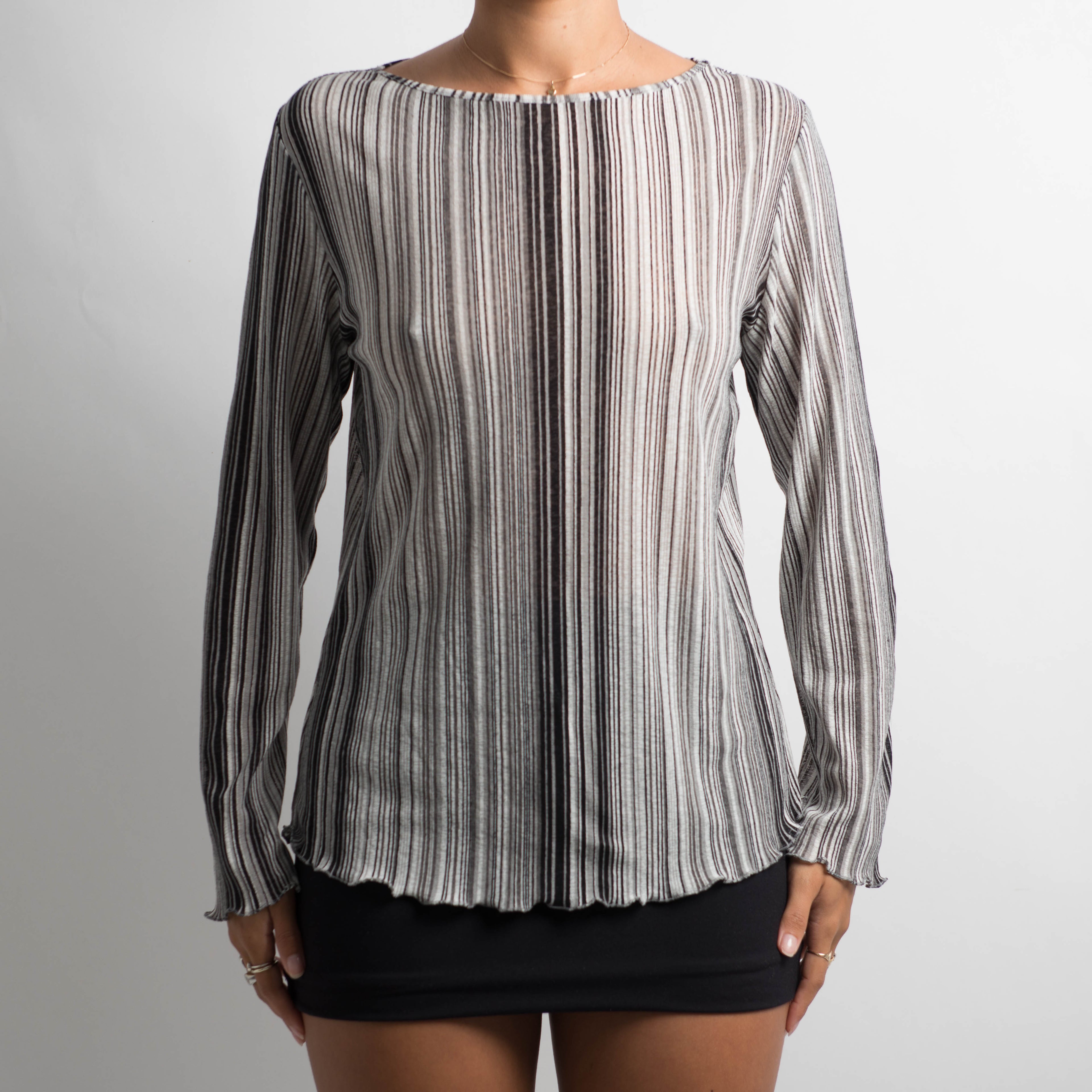 STRIPED MESH LONG SLEEVE TOP