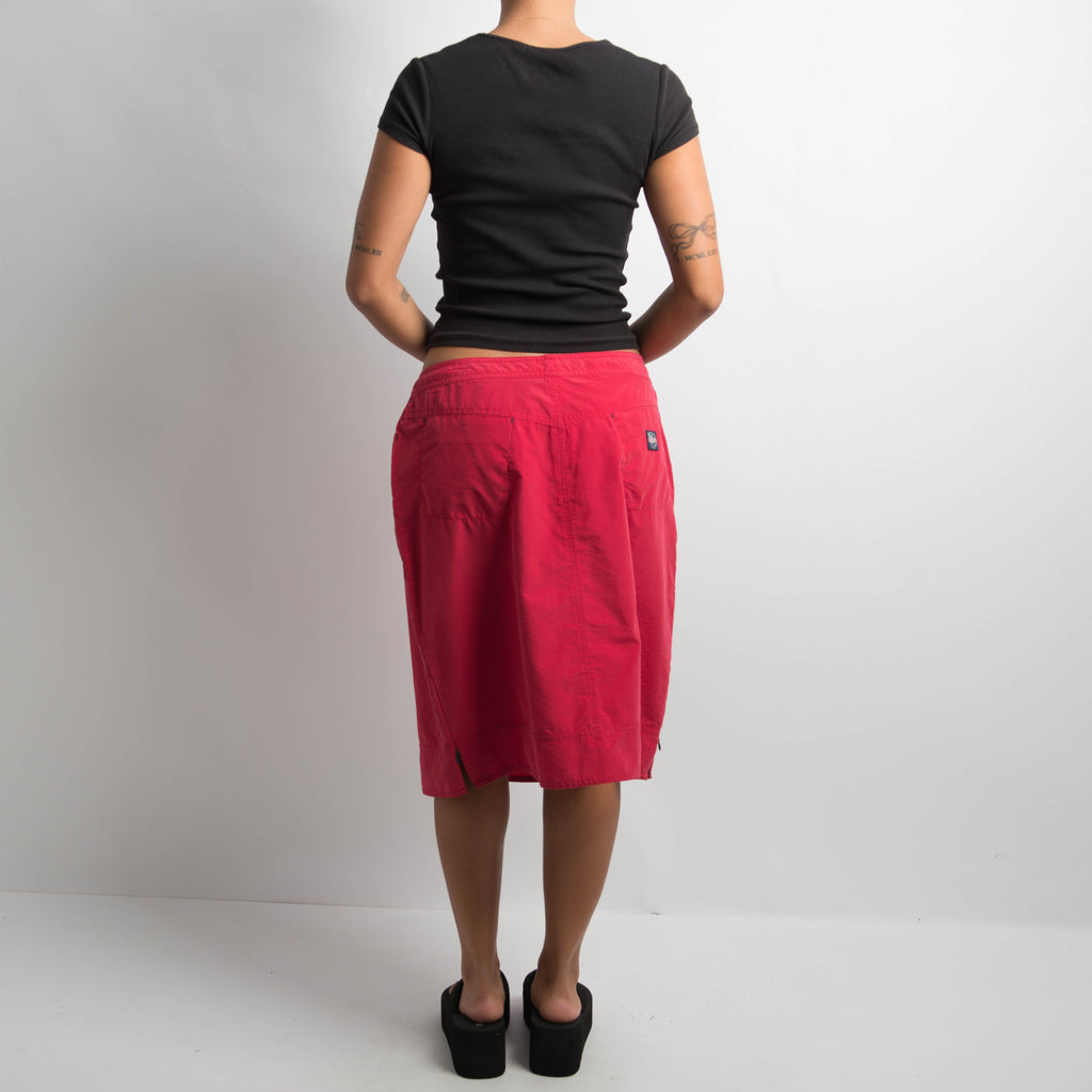 RED NYLON MIDI SKIRT