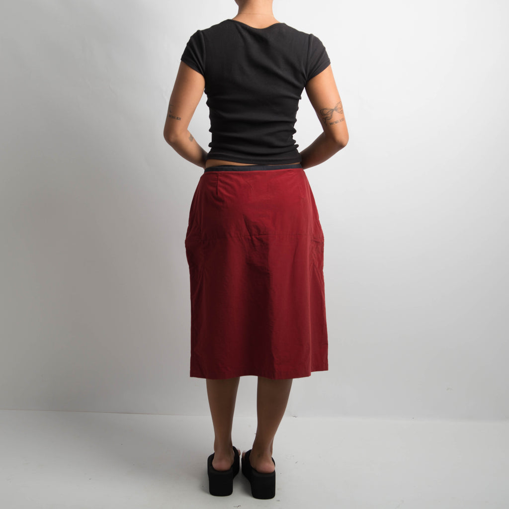 RED NYLON MIDI SKIRT