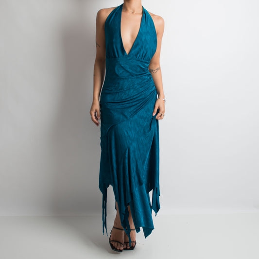 TEAL LAYERED HALTERNECK GOWN