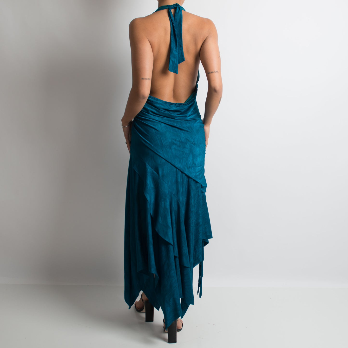 TEAL LAYERED HALTERNECK GOWN