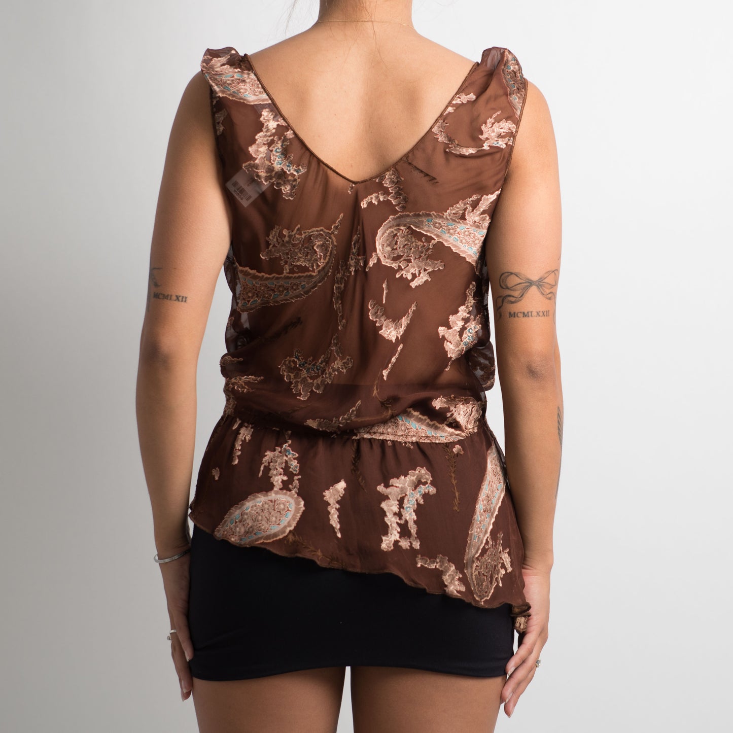 SHEER BROWN FLORAL SILK TOP