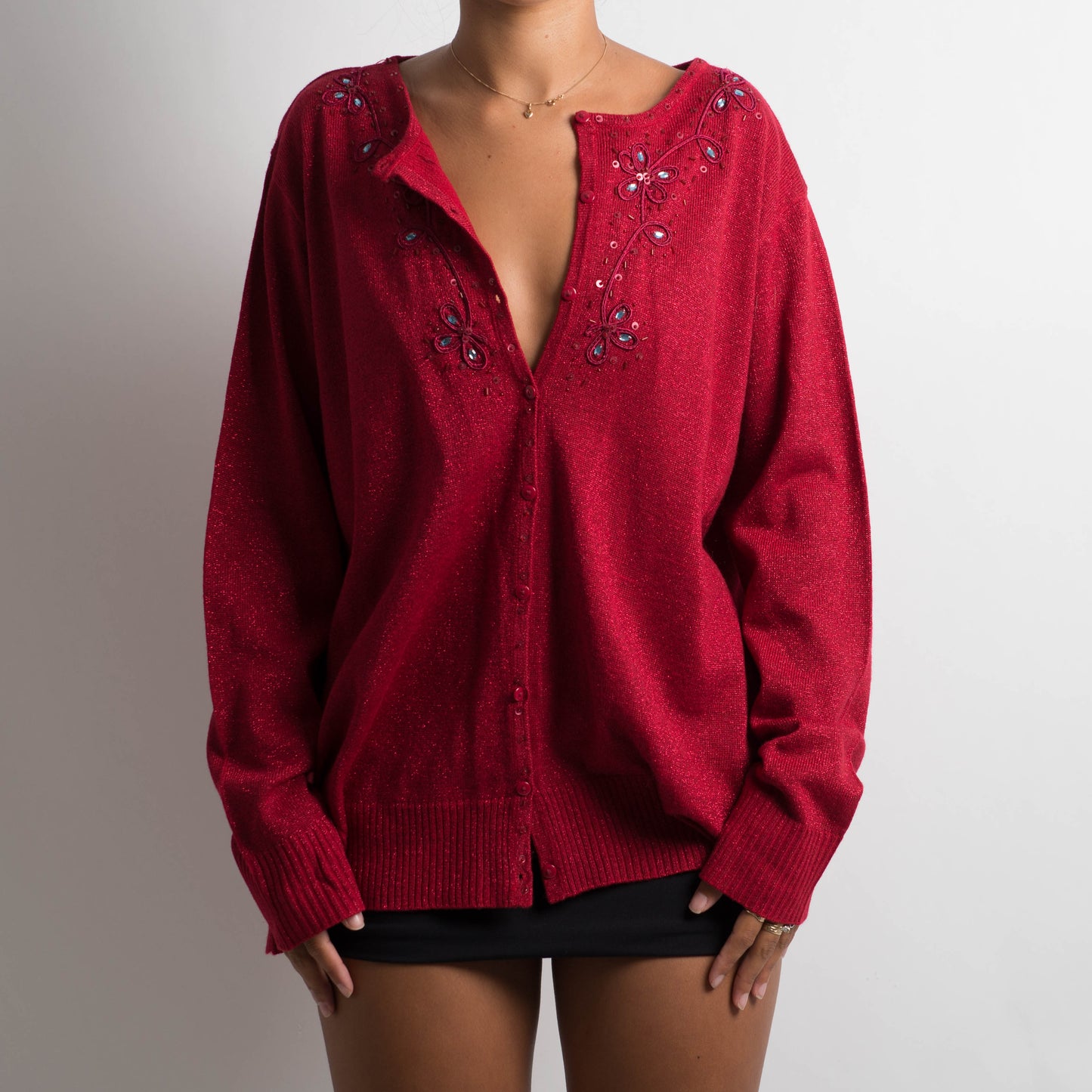 RED SHIMMER CARDIGAN