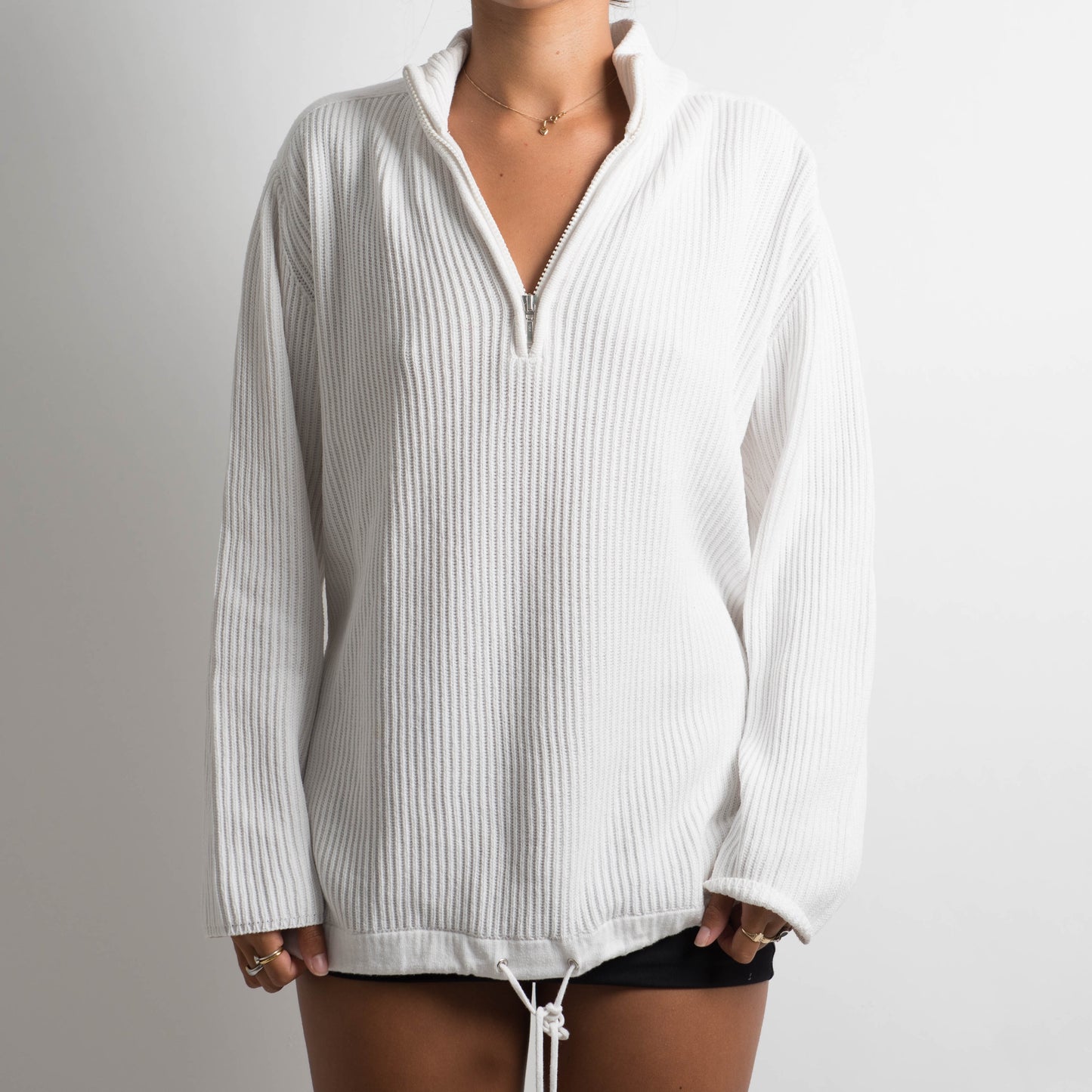 WHITE KNIT QUARTER ZIP SWEATER