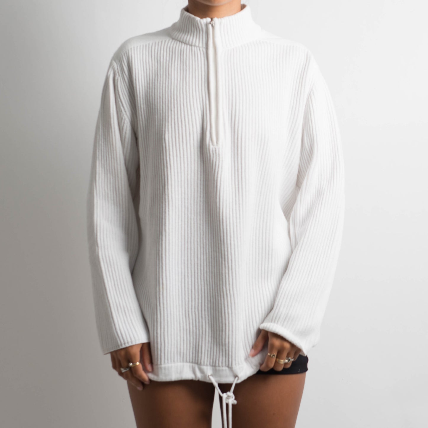 WHITE KNIT QUARTER ZIP SWEATER