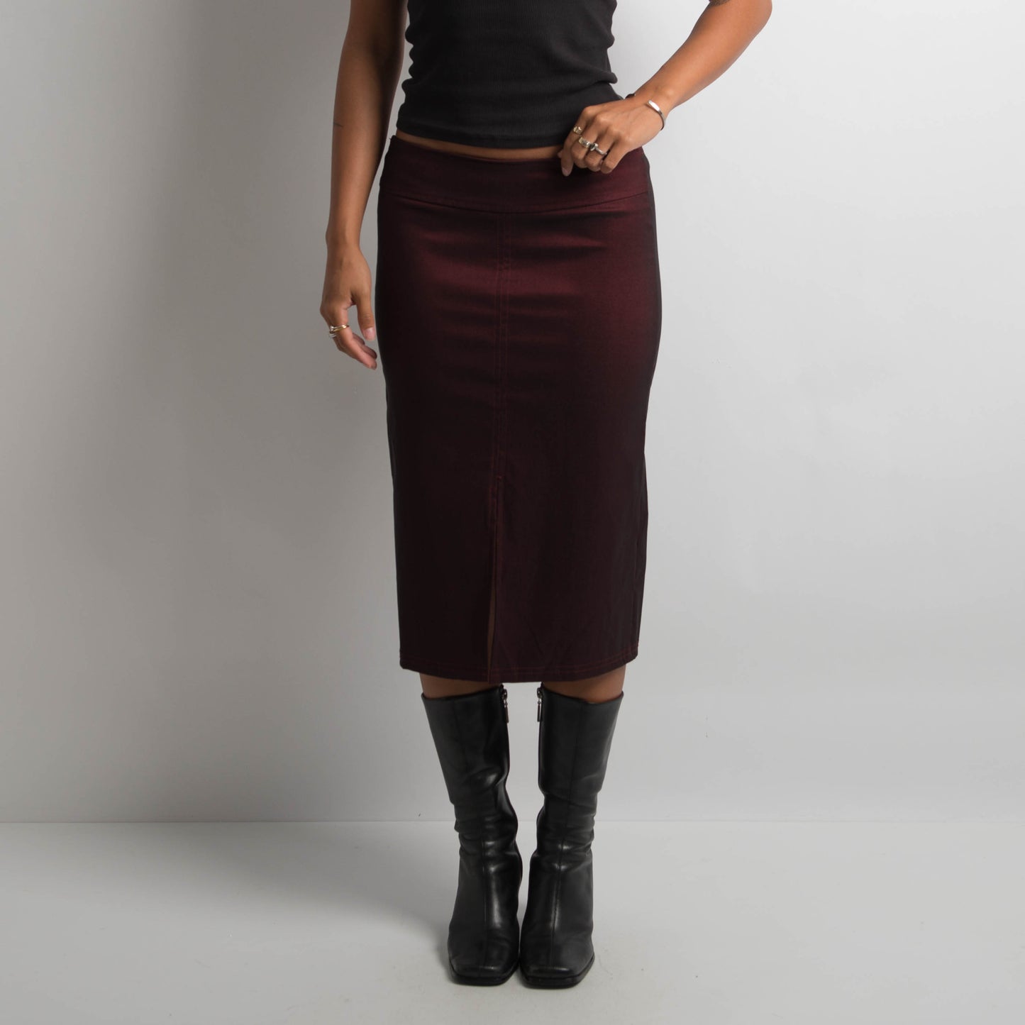 MAROON METALLIC MIDI SKIRT