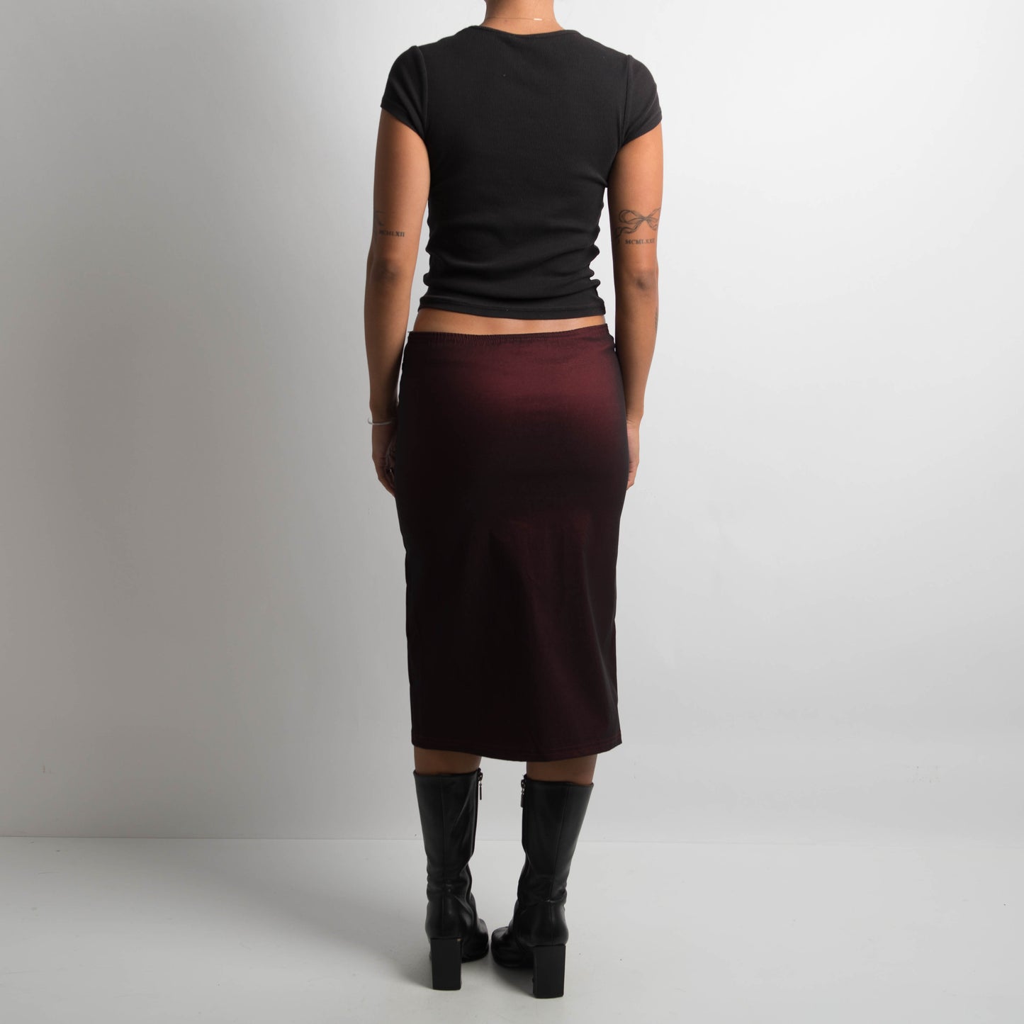 MAROON METALLIC MIDI SKIRT