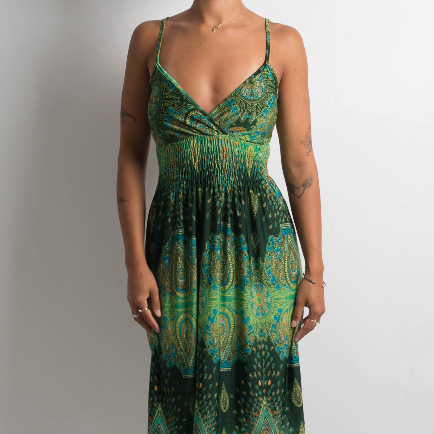 GREEN PATTERNED SLINKY DRESS