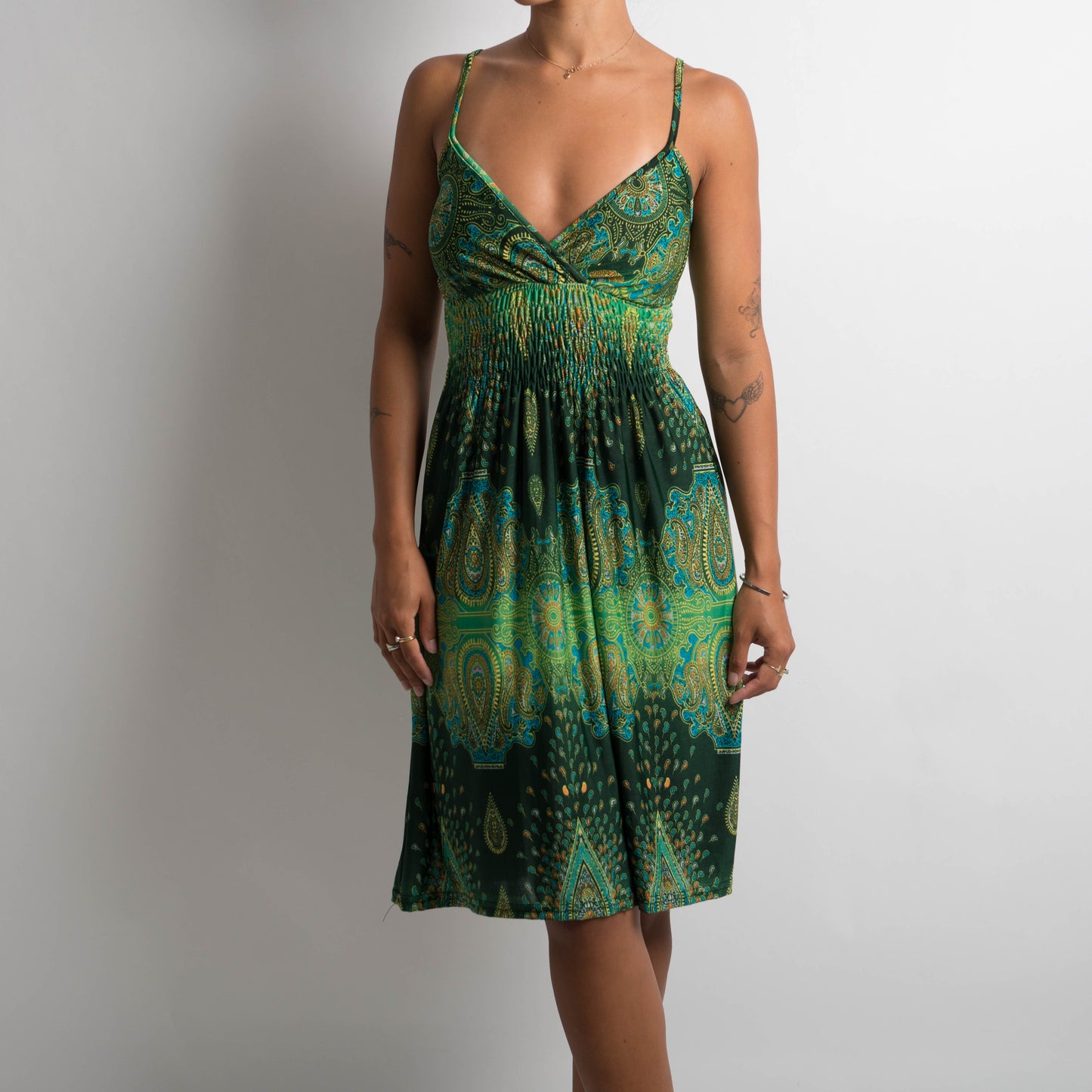 GREEN PATTERNED SLINKY DRESS