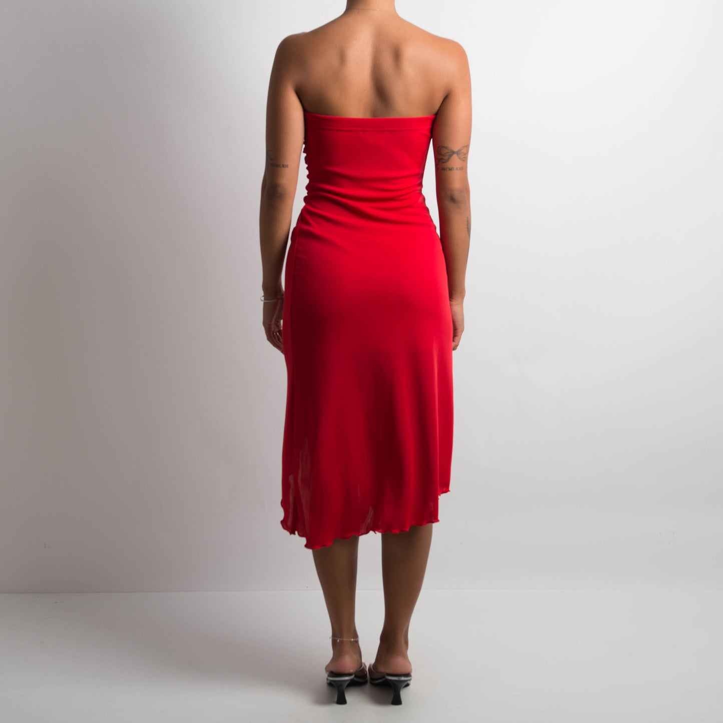 RED STRAPLESS MIDI DRESS