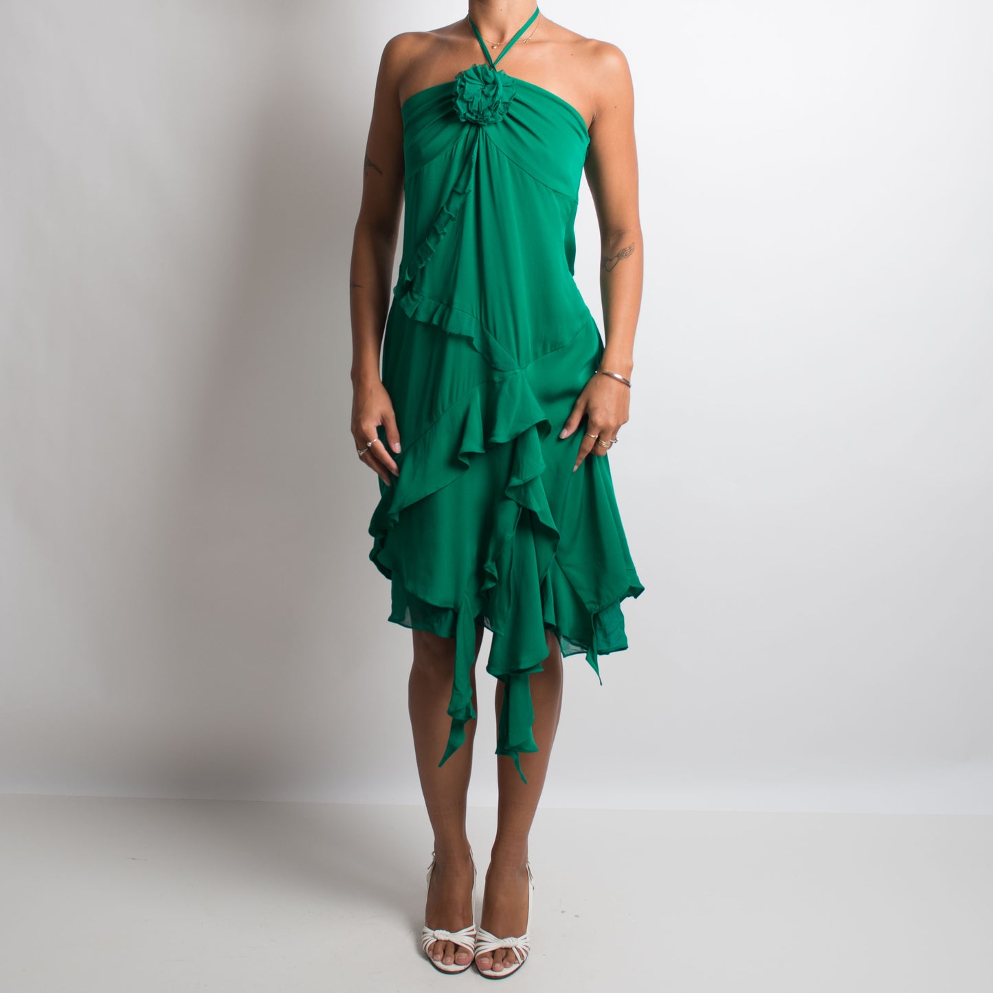 GREEN SILK RUFFLE DRESS