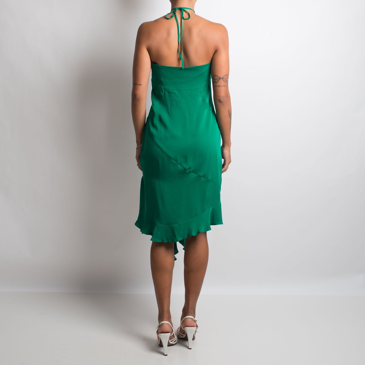 GREEN SILK RUFFLE DRESS