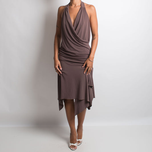 BROWN SLINKY MIDI DRESS