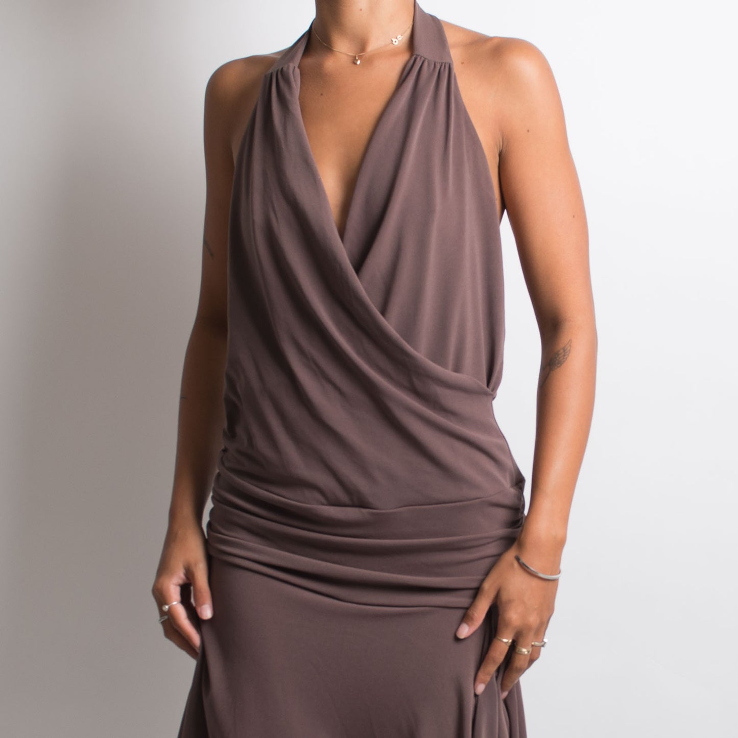 BROWN SLINKY MIDI DRESS