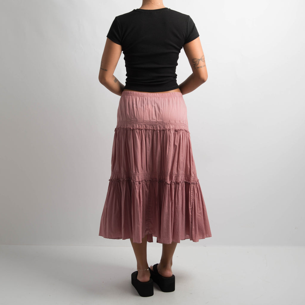PINK TIERED MIDI SKIRT