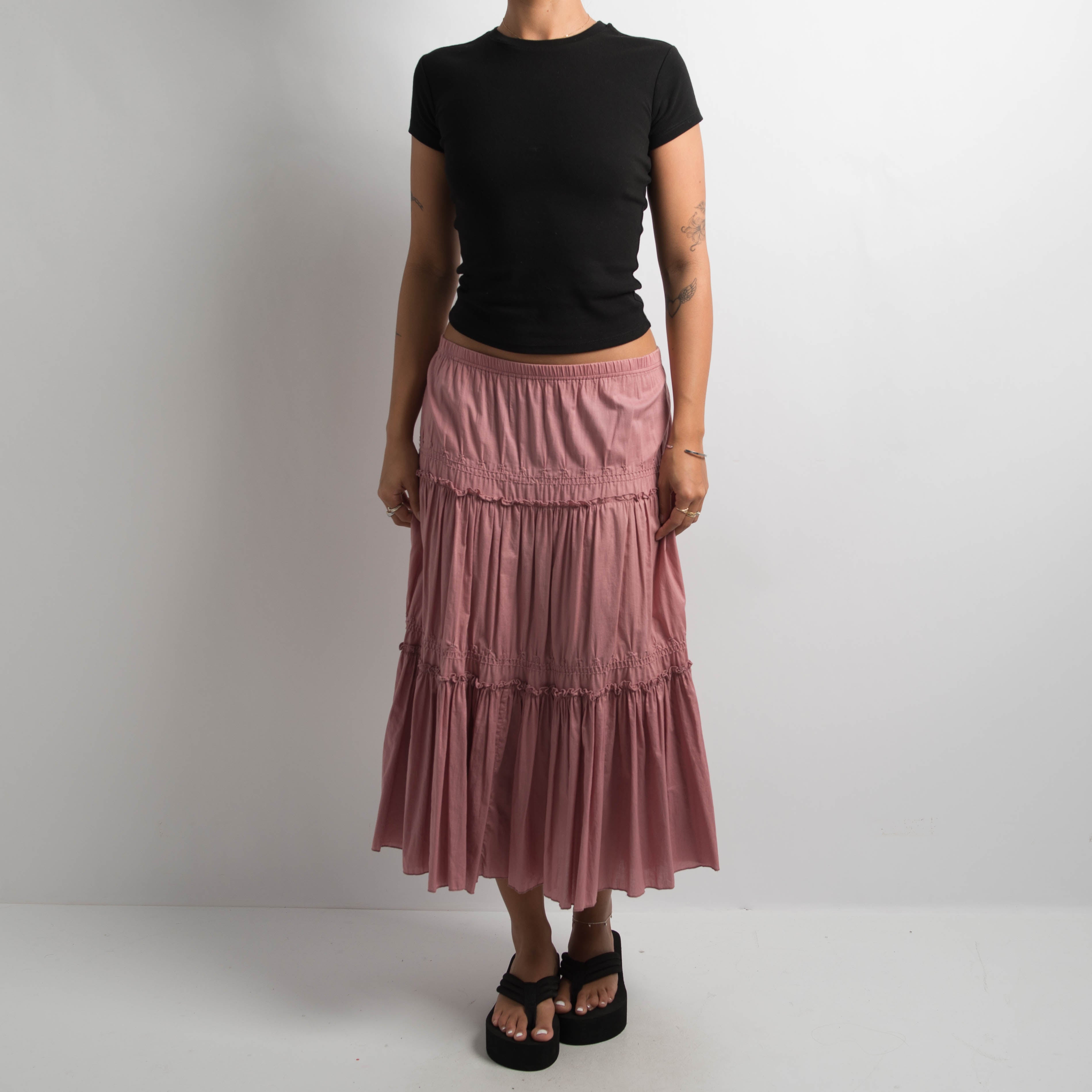 PINK TIERED MIDI SKIRT