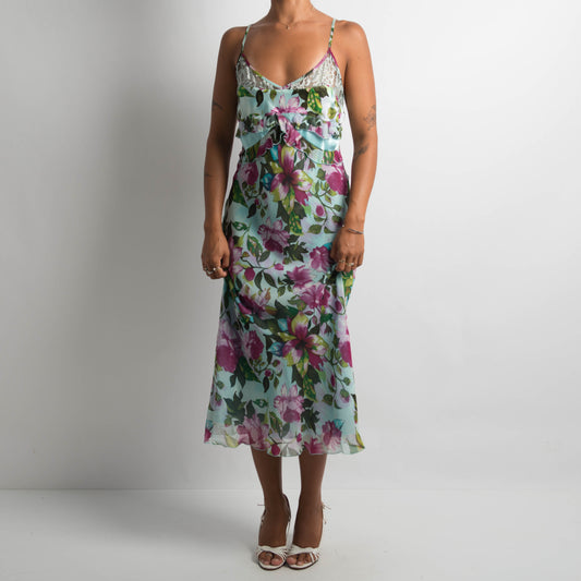 SILK FLORAL MIDI EVENING DRESS