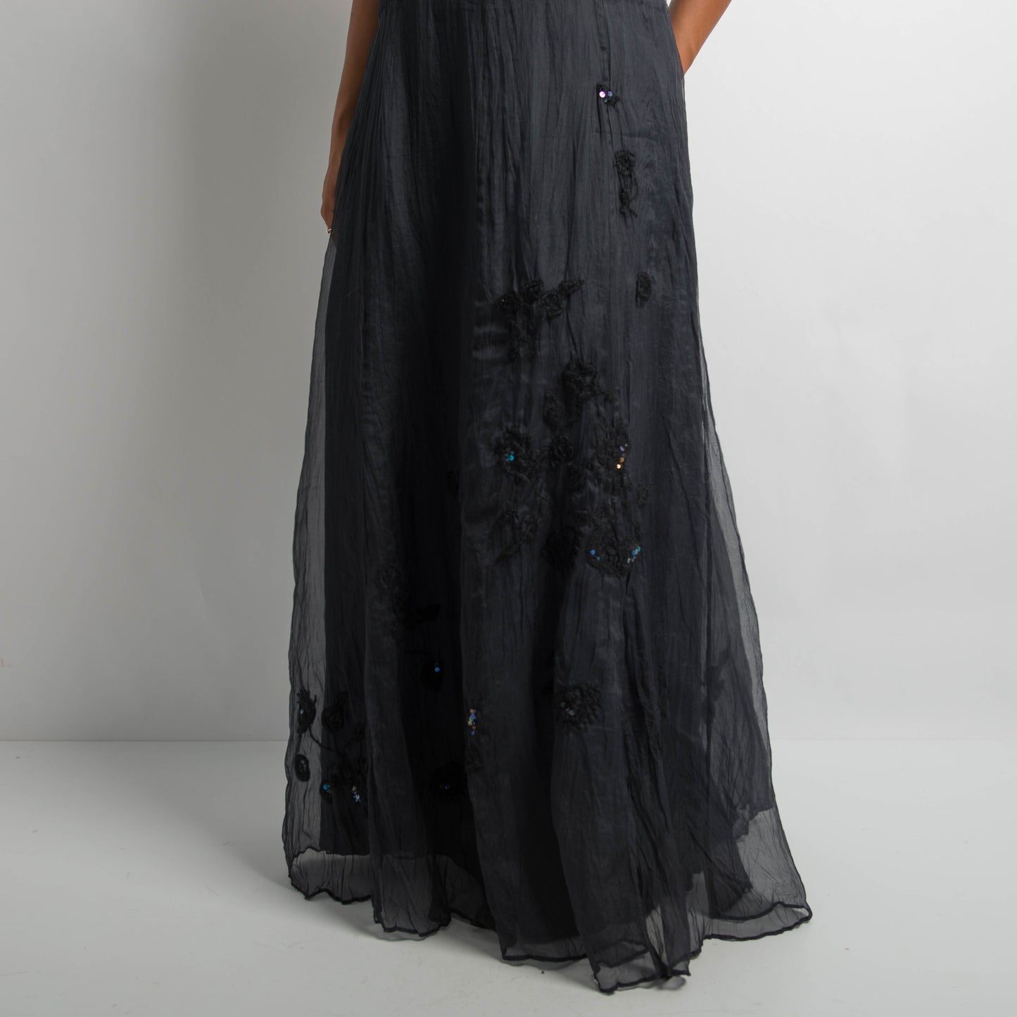 BLACK SILK EMBROIDERED GOWN