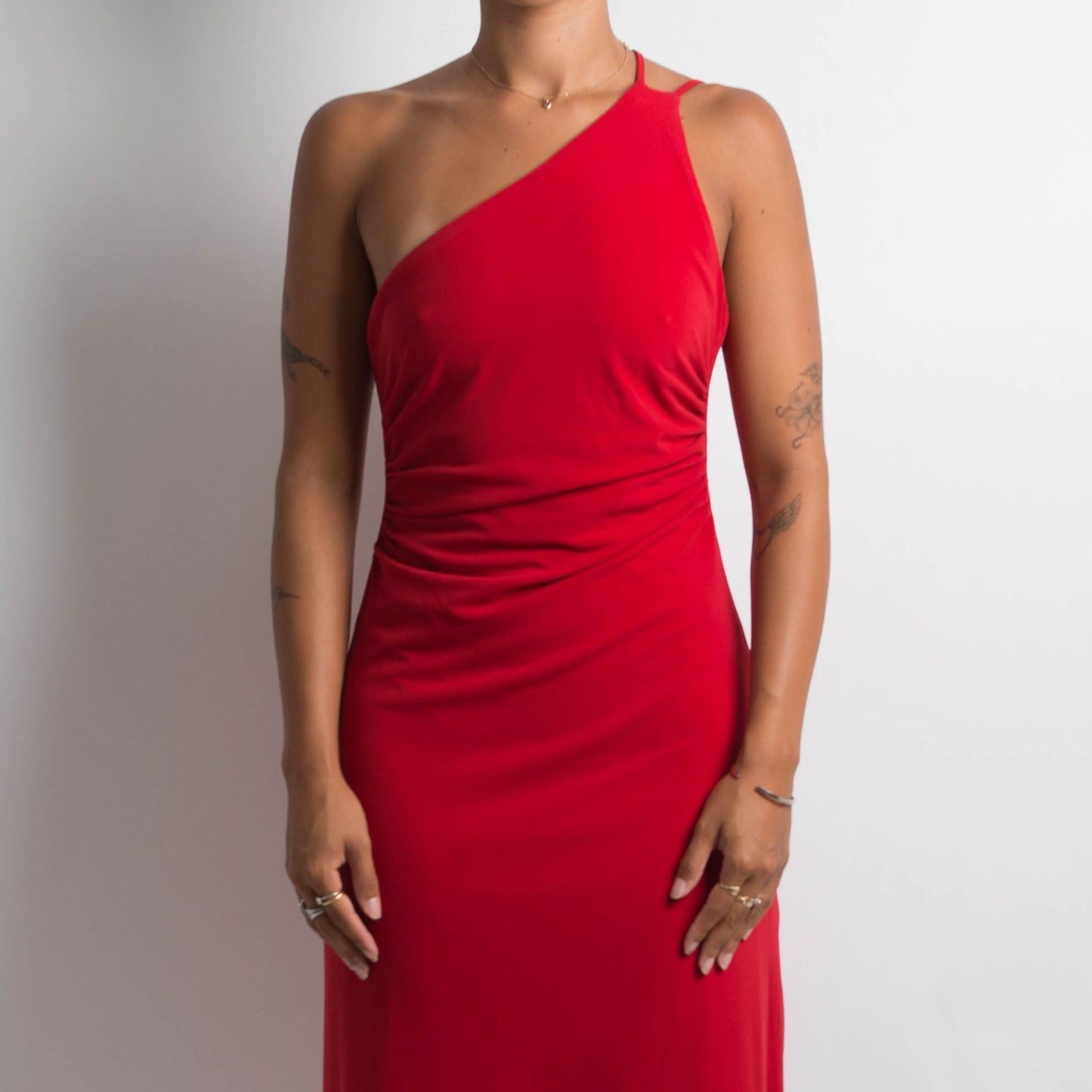 RED ASYMMETRIC MIDI DRESS