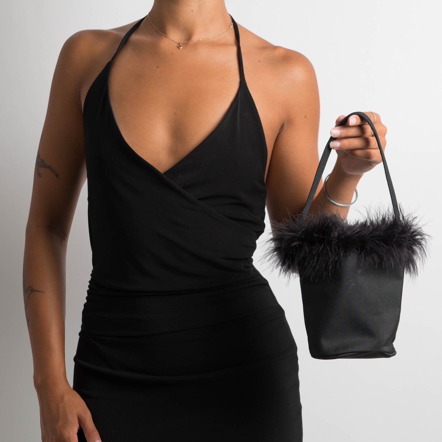 BLACK FEATHER TRIM HANDBAG